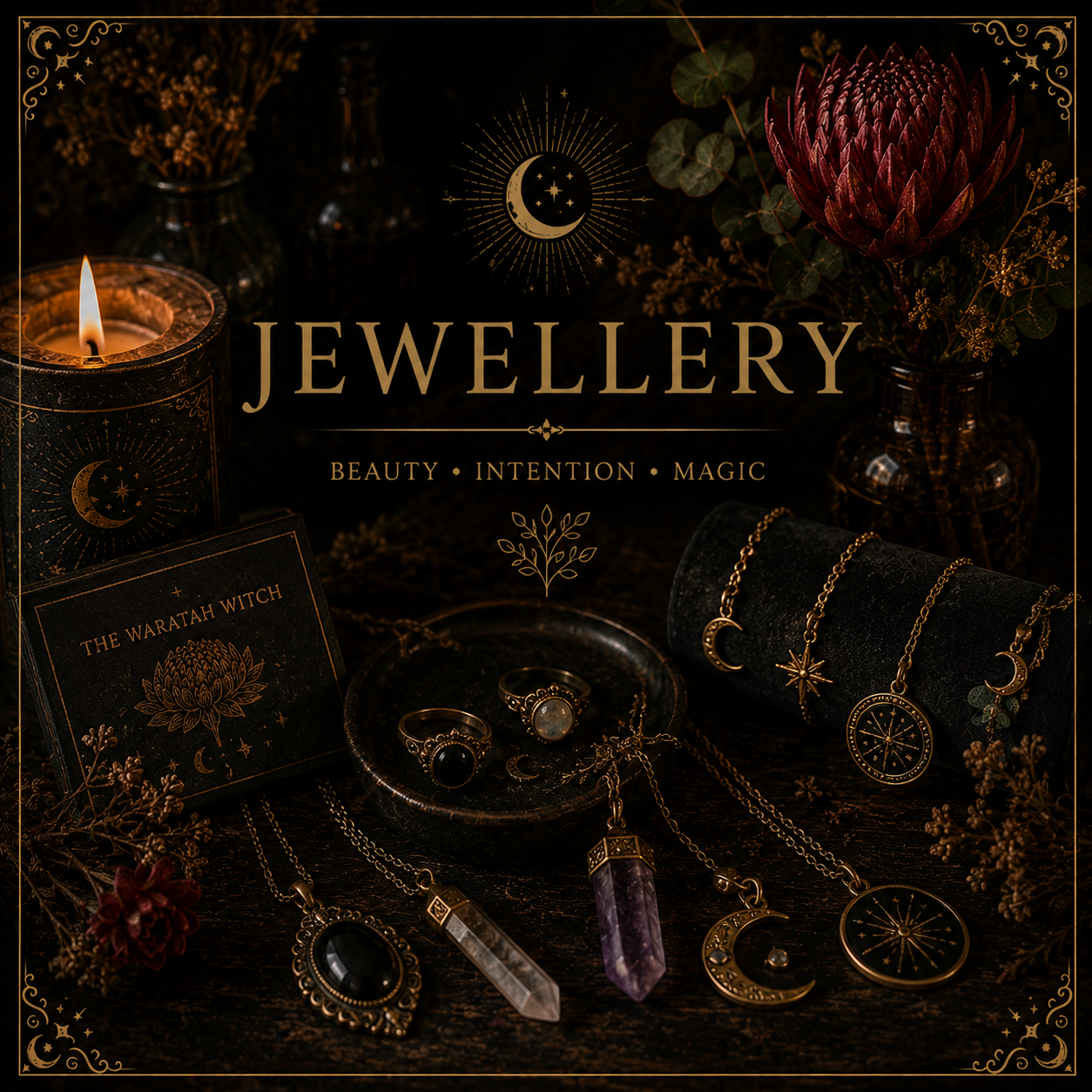 Darkly lit display of jewelry including necklaces, rings, and bracelets with celestial and moon motifs, alongside candles, dried flowers, and a tarot card titled "The Waratash Witch."