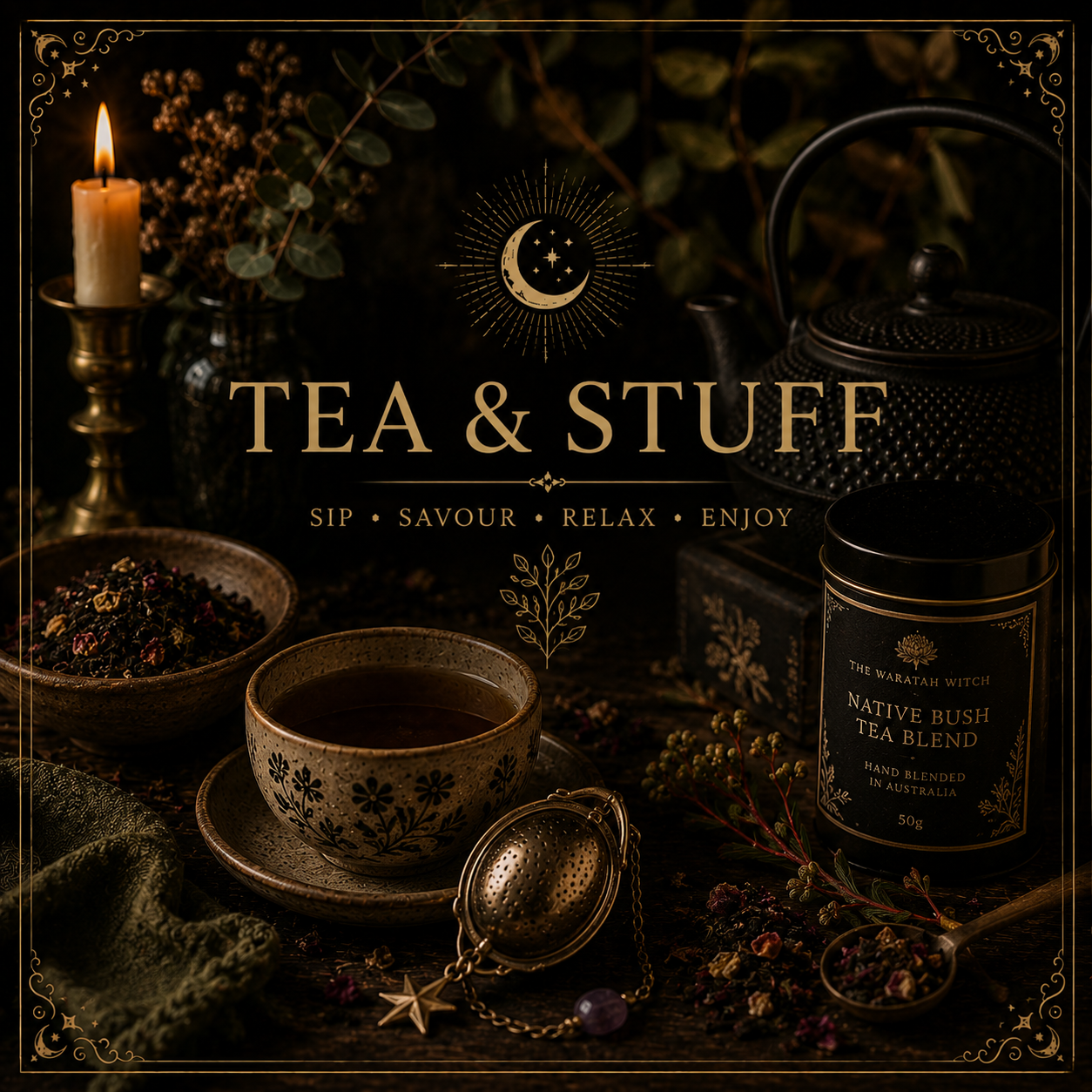 A cozy scene with a lit candle, tea cup, teapot, a tin of tea, dried herbs and flowers, a vintage tea infuser, and decorative elements with warm gold accents, promoting relaxation with tea.
