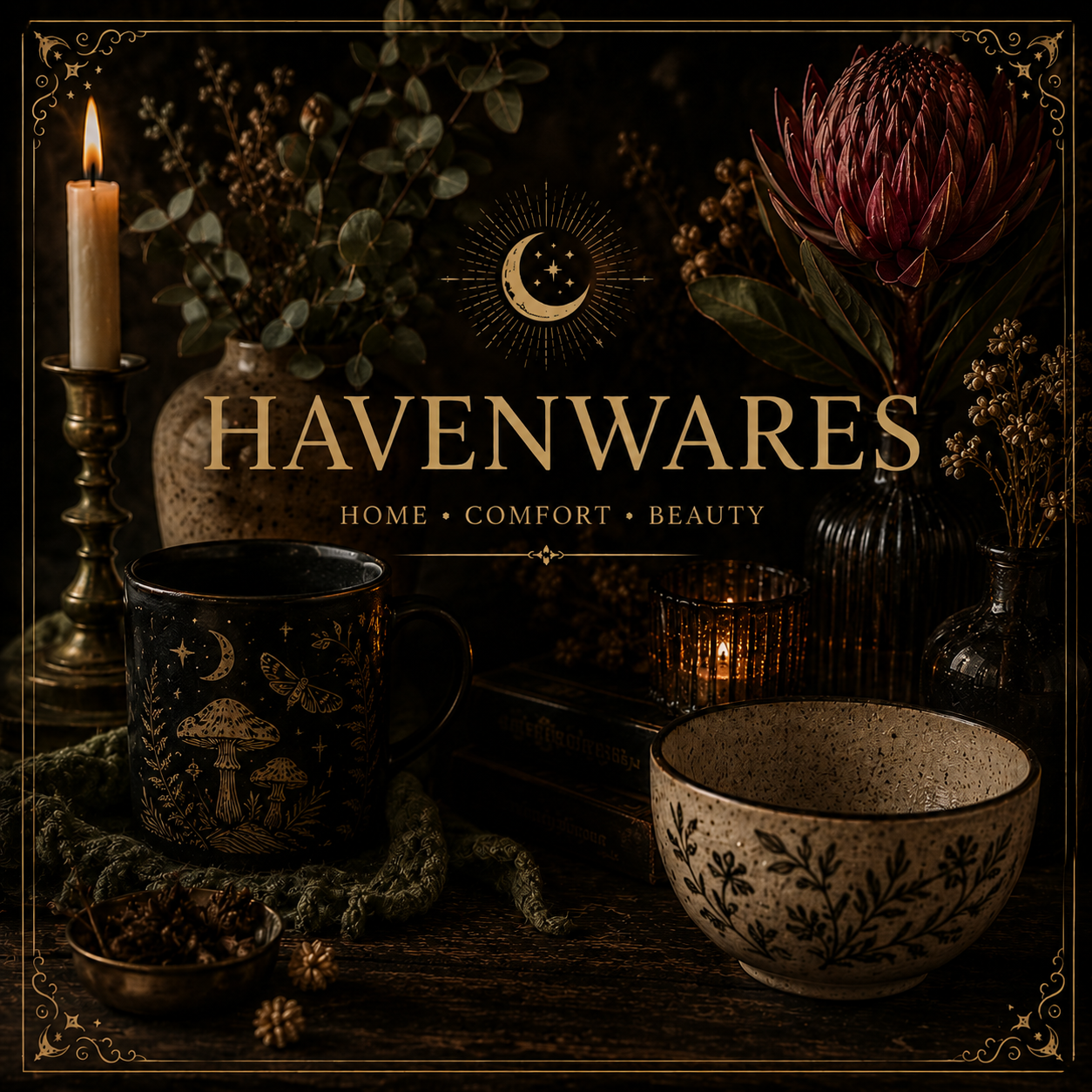 Decorative still life with candles, vases, a mug, and flowers on a dark background, featuring the text "Havenwares Home Comfort Beauty" with celestial and botanical motifs.