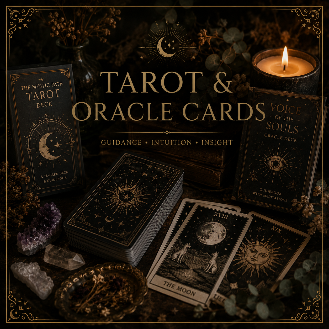 Dark-themed image featuring tarot and oracle cards labeled 'The Mystic Path Tarot Deck' and 'Voice of the Souls Oracle Deck,' a lit candle, crystals, dried flowers, and celestial-themed decor, with an overlaid text promoting guidance, intuition, and insight.