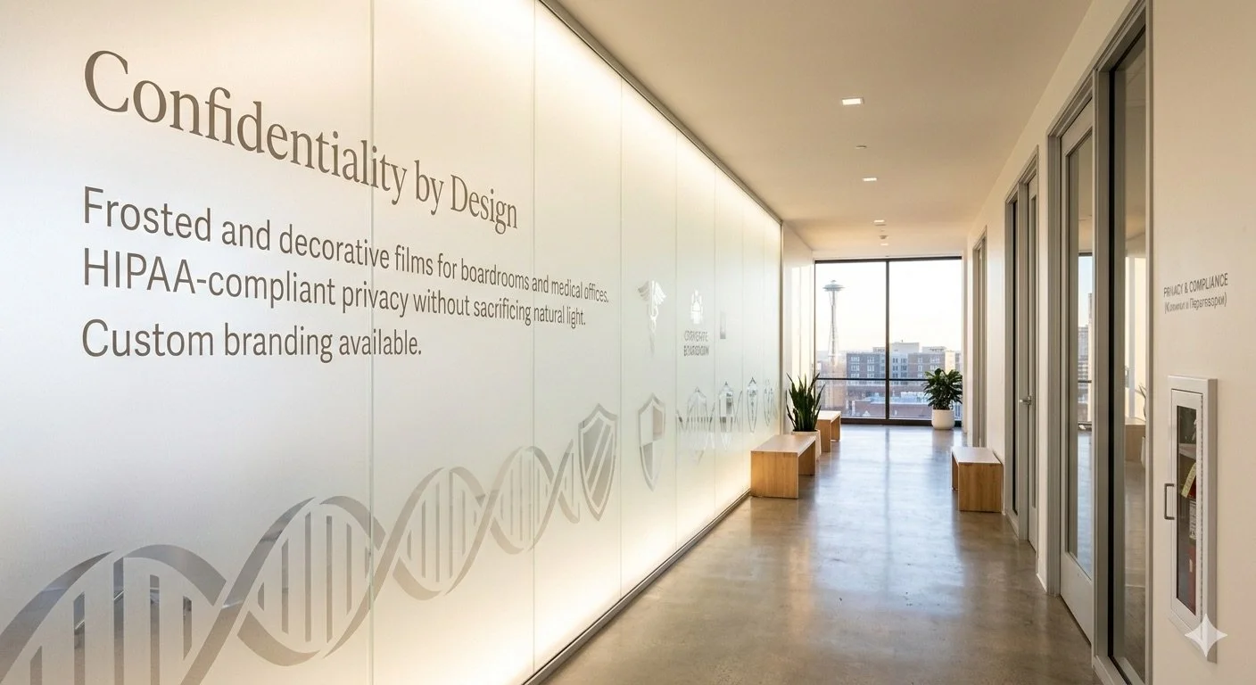 decorative frosted window film office seattle privacy branding everglass