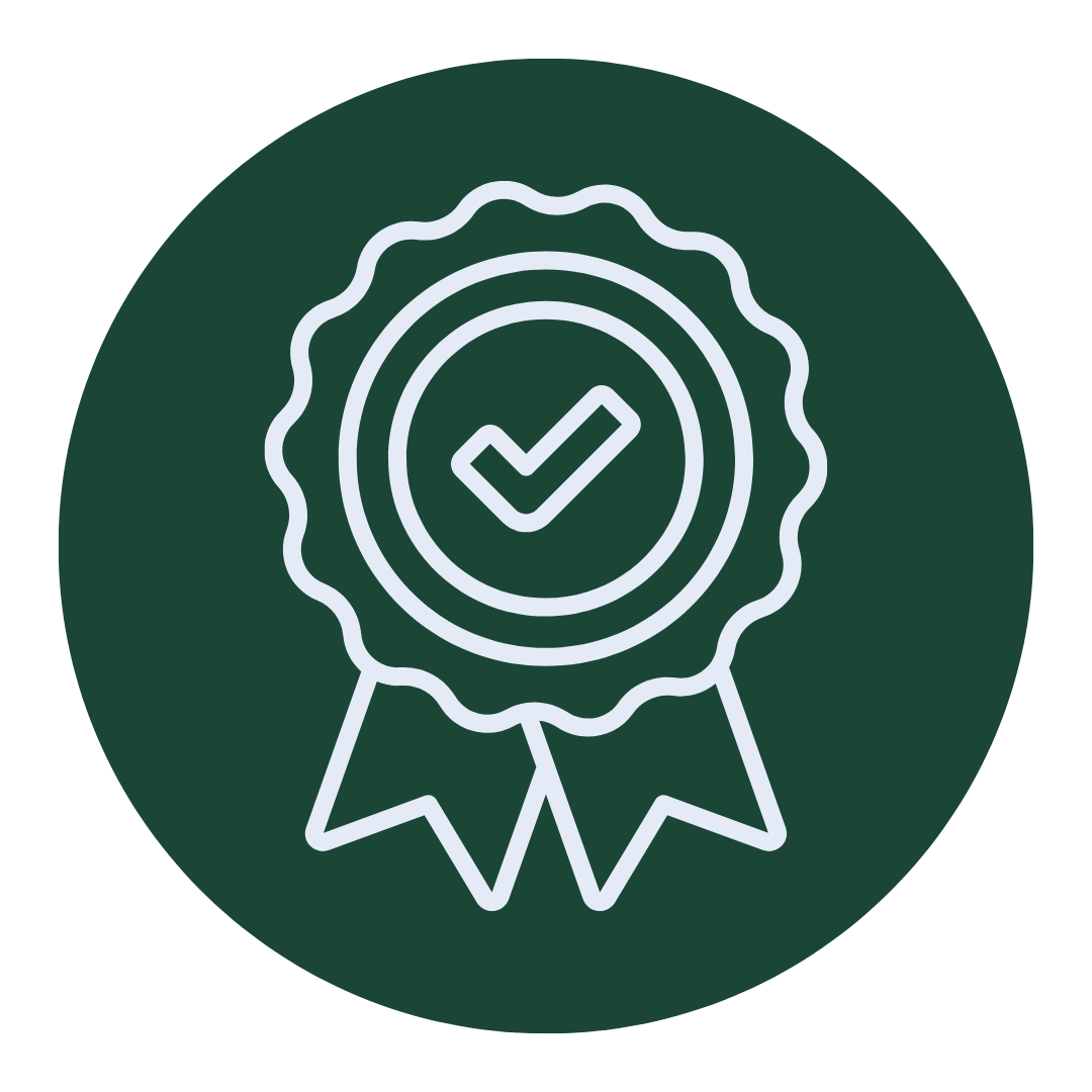Icon of a certification badge with a check mark at the center, surrounded by a rosette and ribbons.
