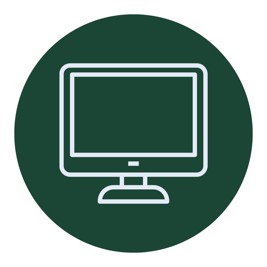 Icon of a computer monitor on a dark green circular background.