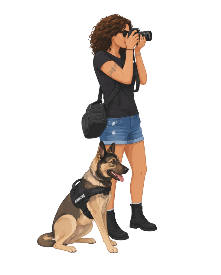 A woman with curly brown hair taking a photo with a camera, wearing sunglasses, a black t-shirt, and ripped denim shorts. She has a black shoulder bag and a tattoo on her left arm. A German Shepherd that wears a harness with the words 'Working Dog' is sitting beside her.