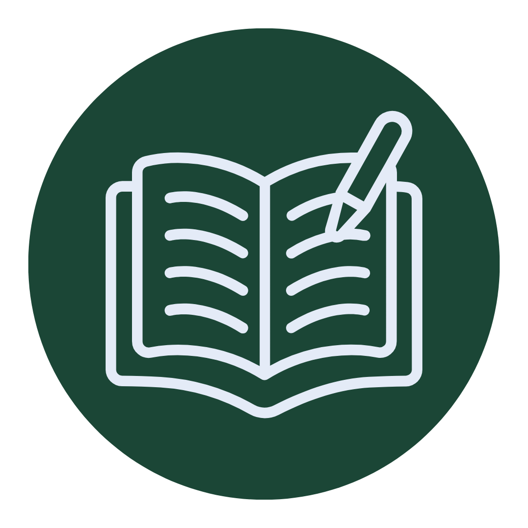 Open book with a pen writing on it, icon style, white lines on dark green background.