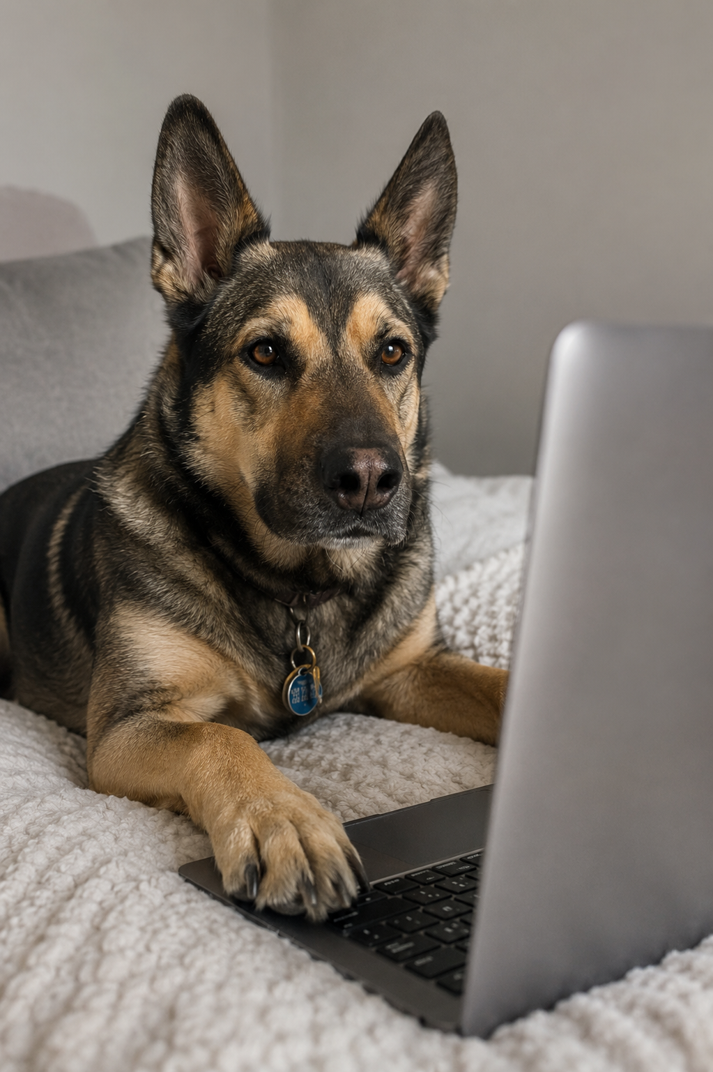 A dog lying on a couch using a laptop.