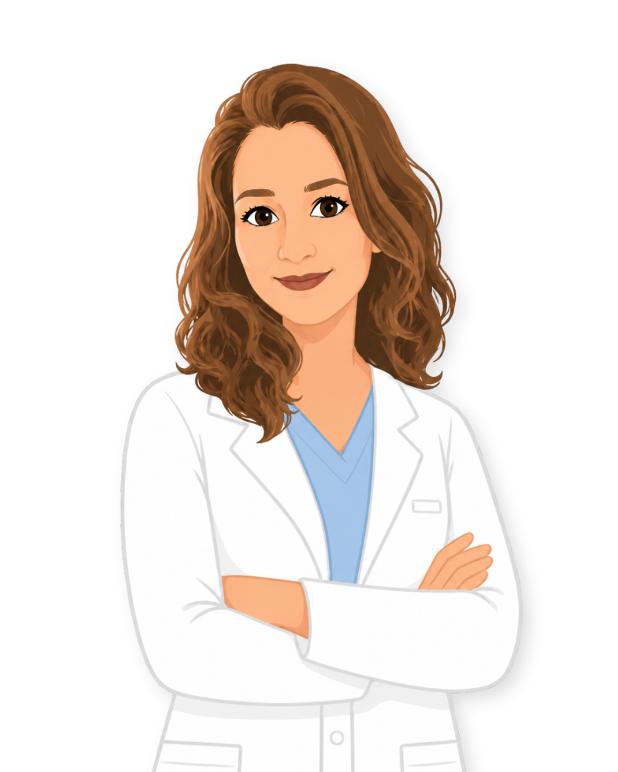 Illustration of a female doctor with shoulder-length wavy brown hair, wearing a white coat over blue scrubs, standing with arms crossed and smiling.