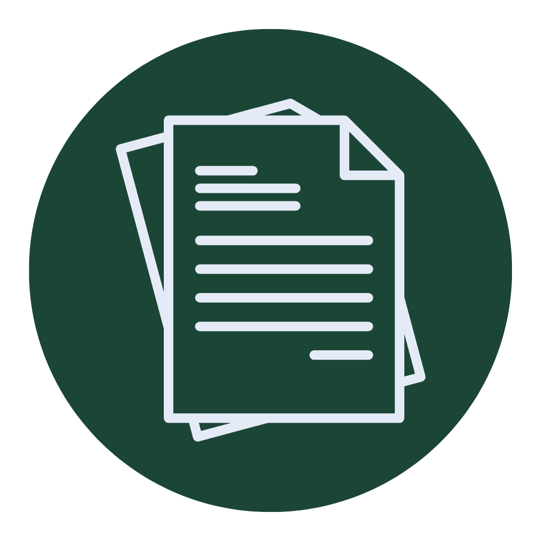Icon of three overlapping documents or papers with lines representing text, on a dark green circular background.