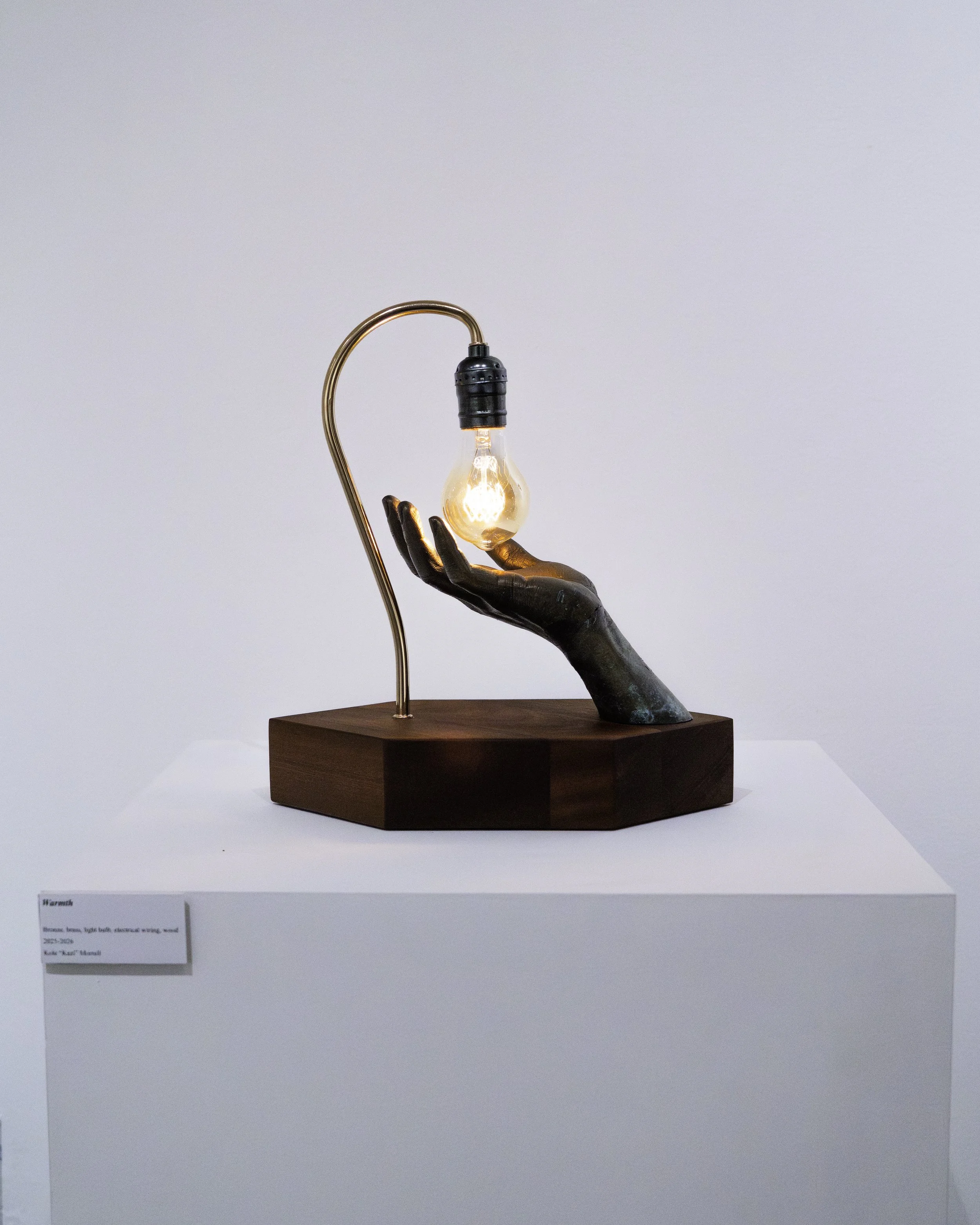 A sculpture of a hand holding a lightbulb, with a copper-colored curved neck and black socket, mounted on a wooden base, shown in a museum or gallery setting.
