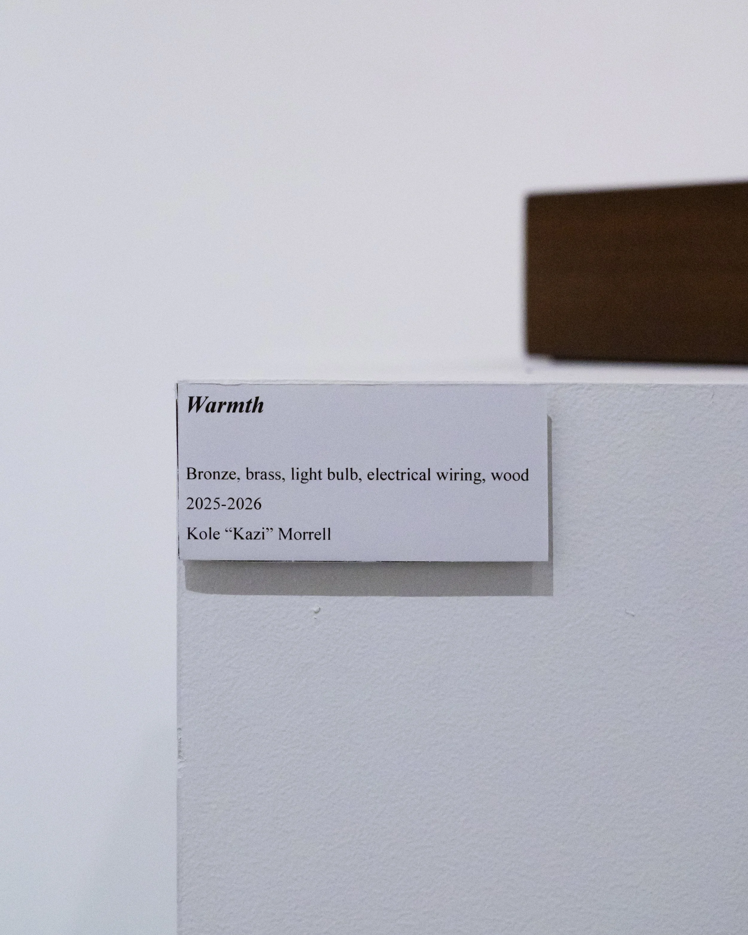 Part of a white display board with the heading 'Warmth' and a speech bubble showing the words 'Bronze, brass, light bulb, electrical wiring, wood' for the years 2025-2026, alongside a small brown wooden block or sculpture.