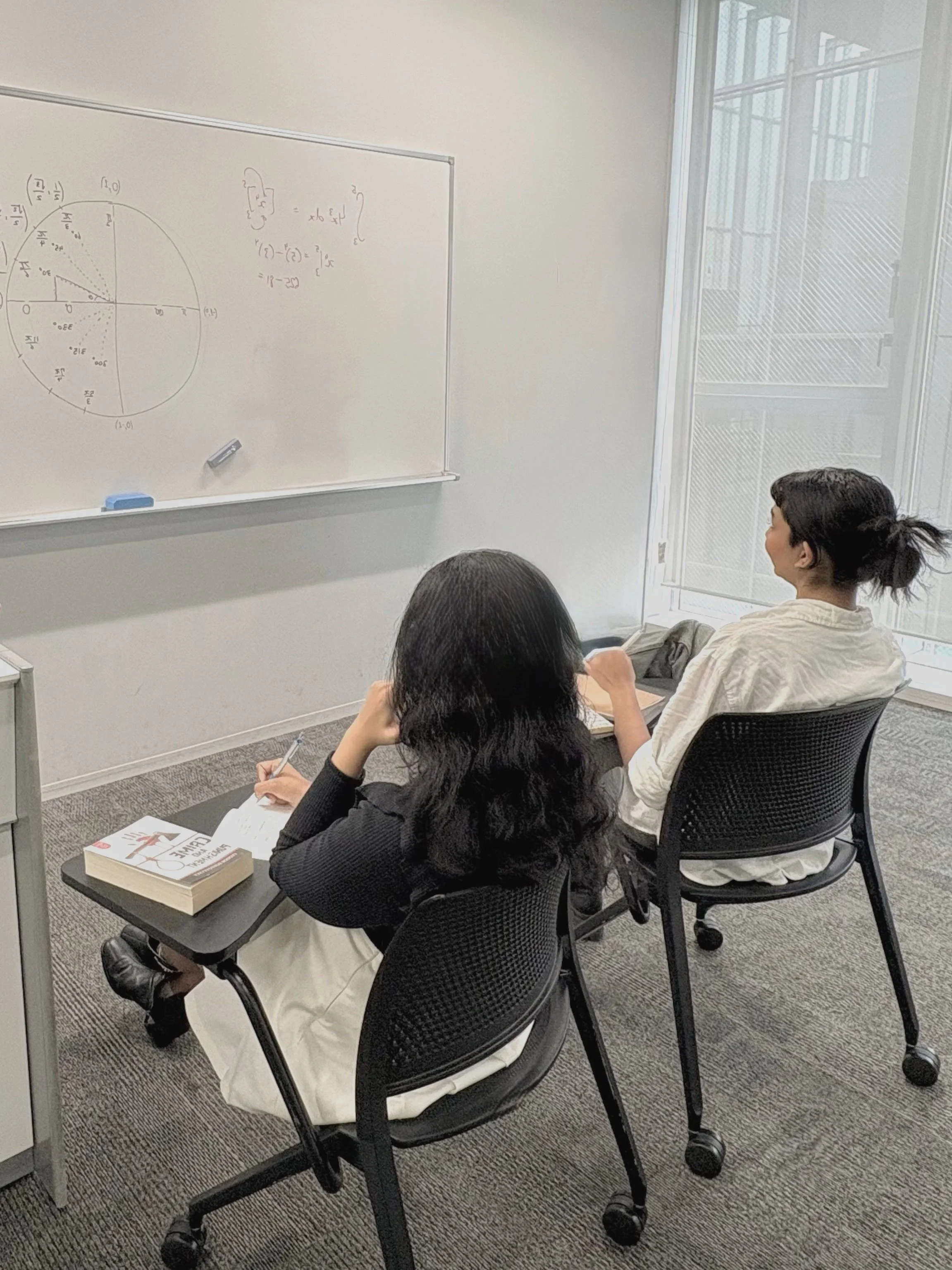 Two women sitting in chairs facing a whiteboard with mathematical drawings and a pie chart, in a bright office room with large windows.