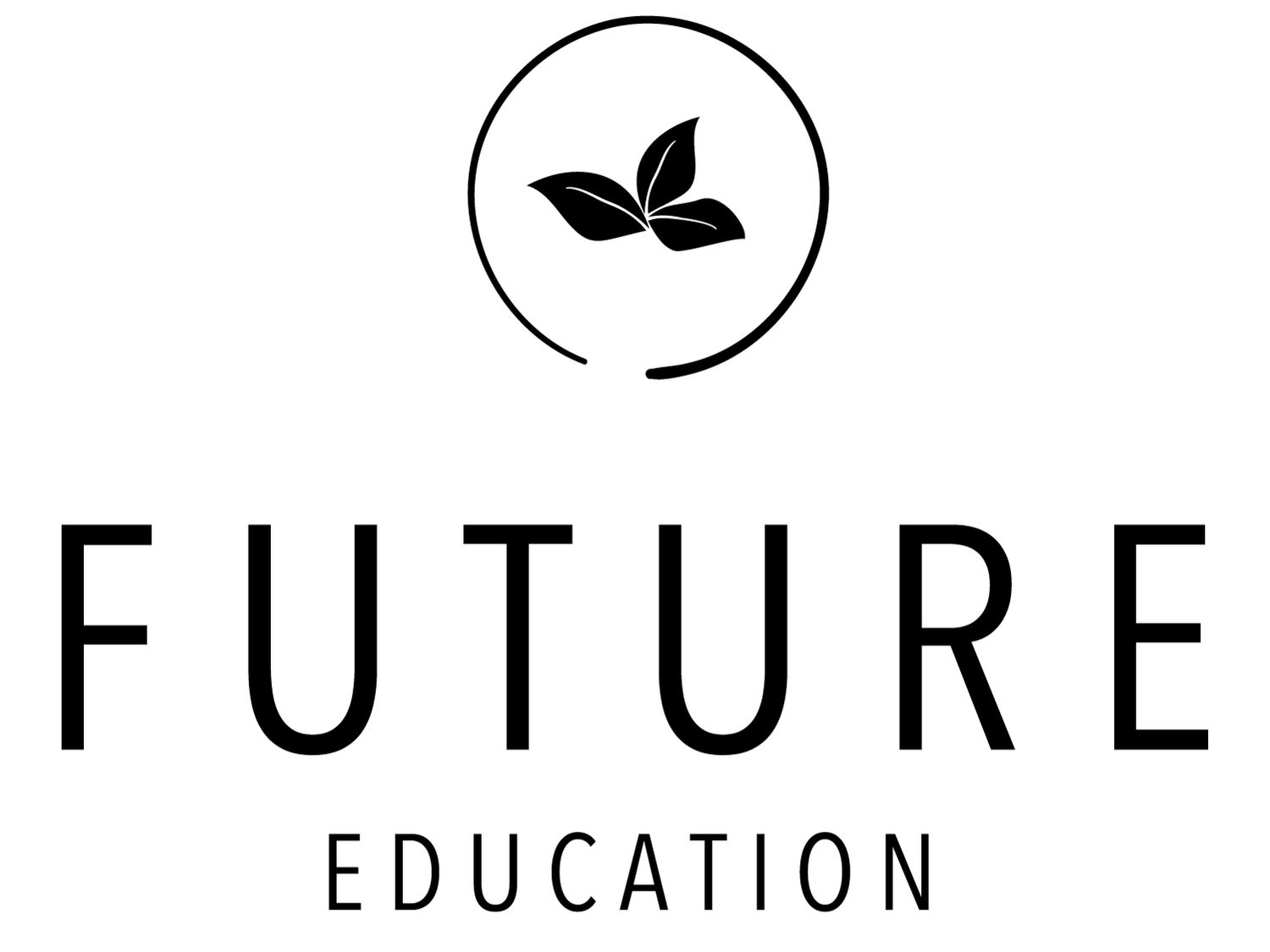 Logo for Future Education featuring three black leaves inside a circle above the words 'FUTURE EDUCATION' in black text.