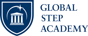 Logo of Global Step Academy featuring a shield with a star and an abstract building, with the company name beside it.