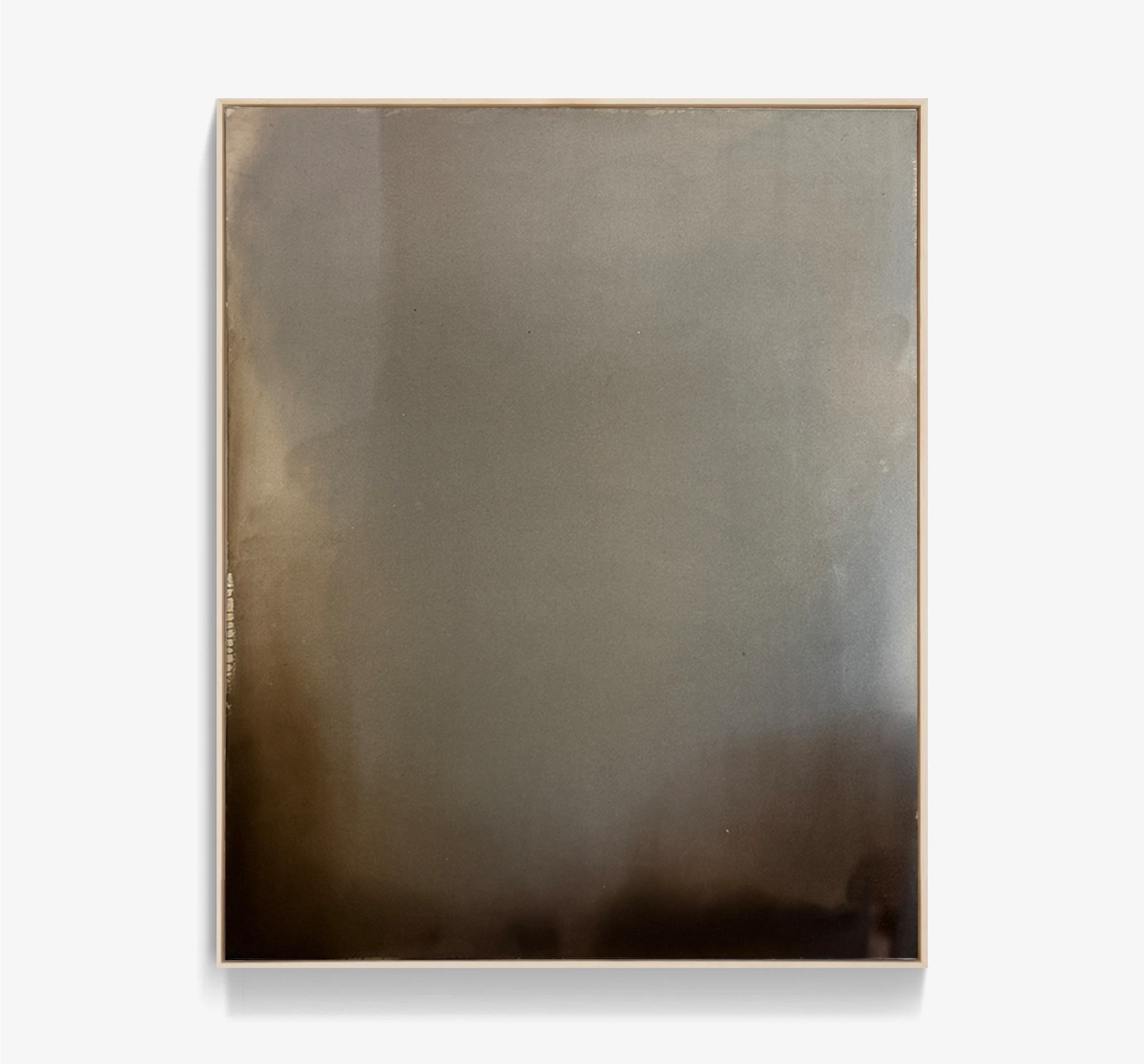 Minimal abstract painting in warm earth tones on raw canvas with fluid acrylic washes and organic texture.