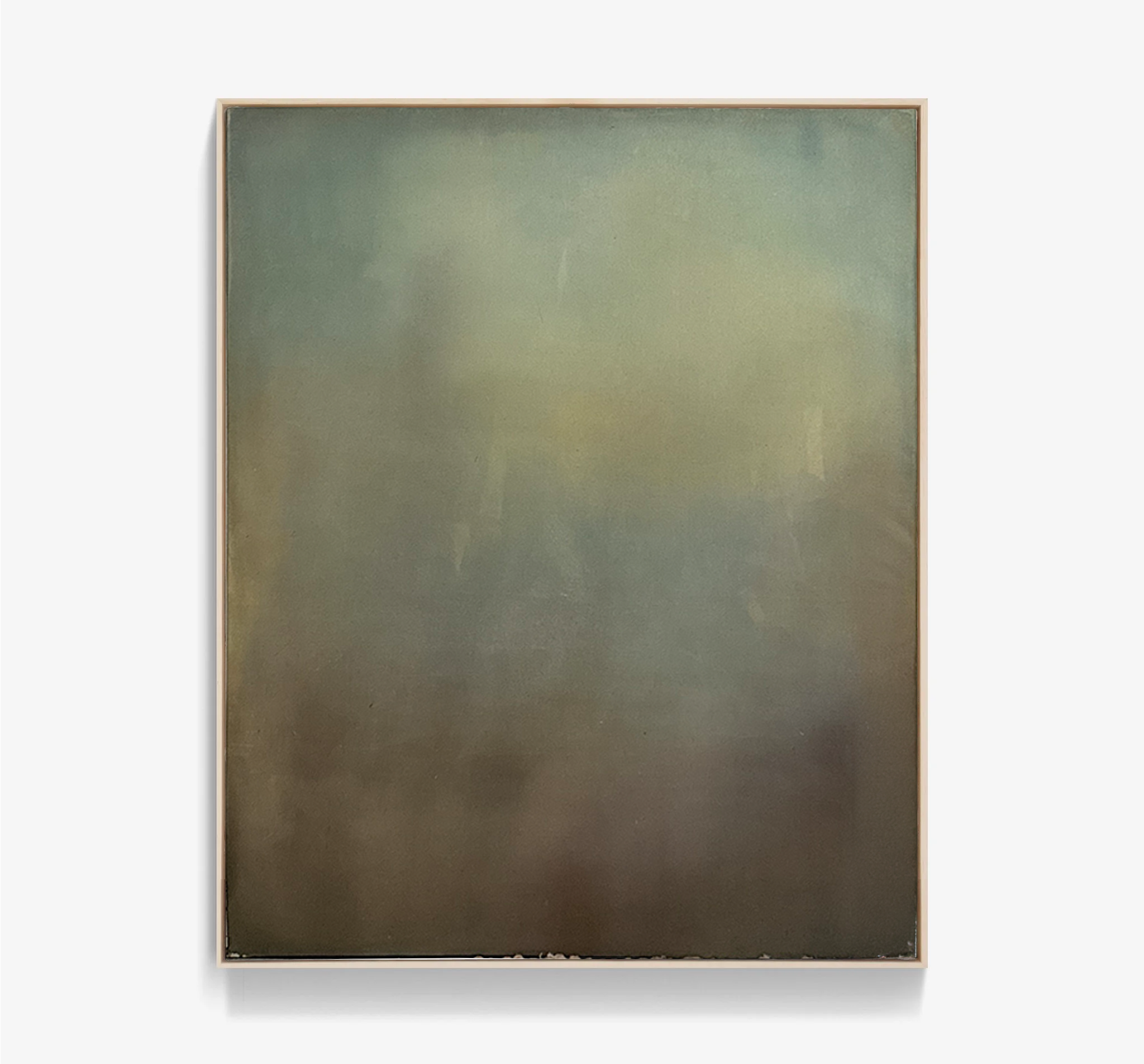 Minimal abstract painting in warm earth tones on raw canvas with fluid acrylic washes and organic texture.