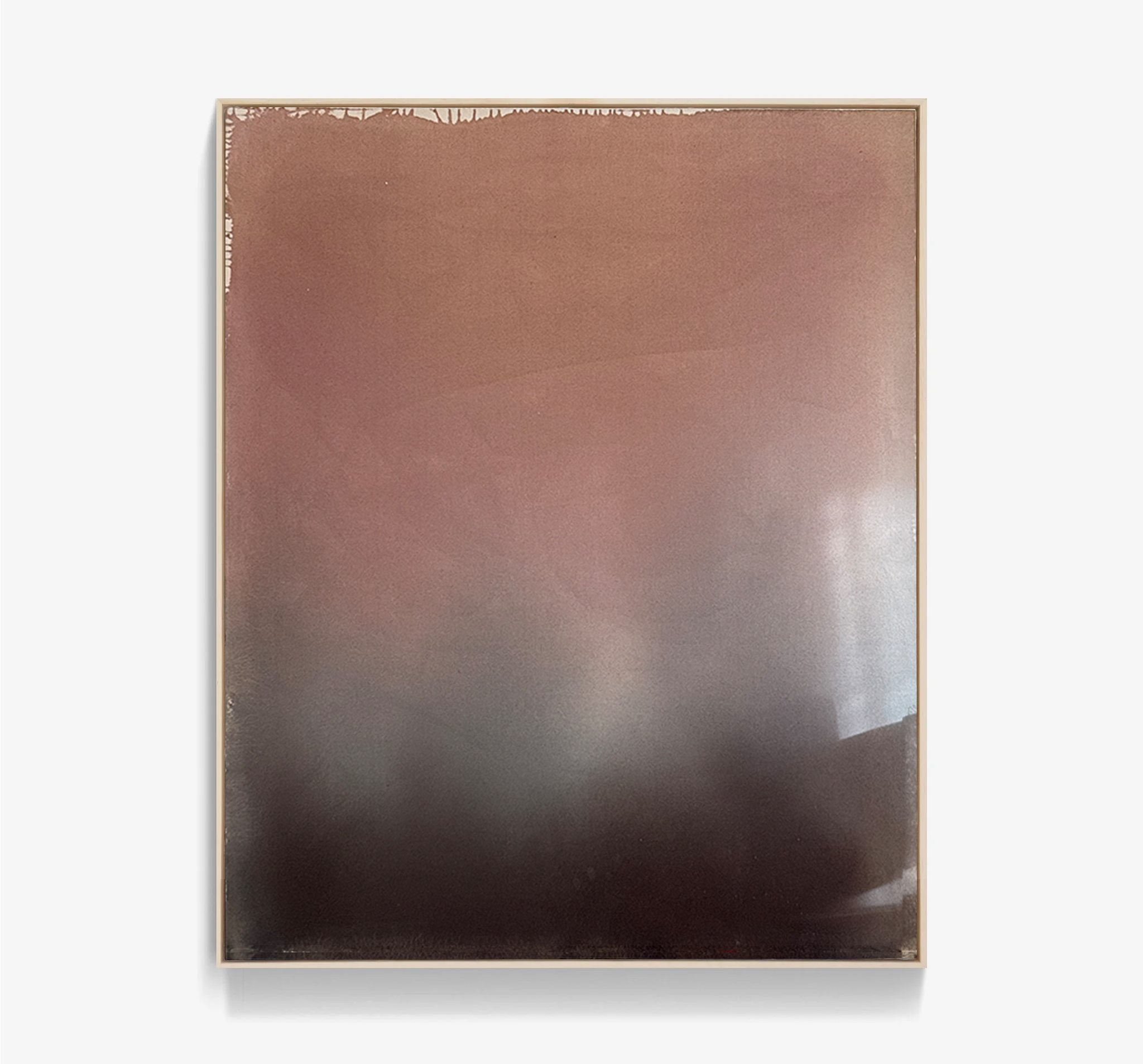 Minimal abstract painting in warm earth tones on raw canvas with fluid acrylic washes and organic texture.