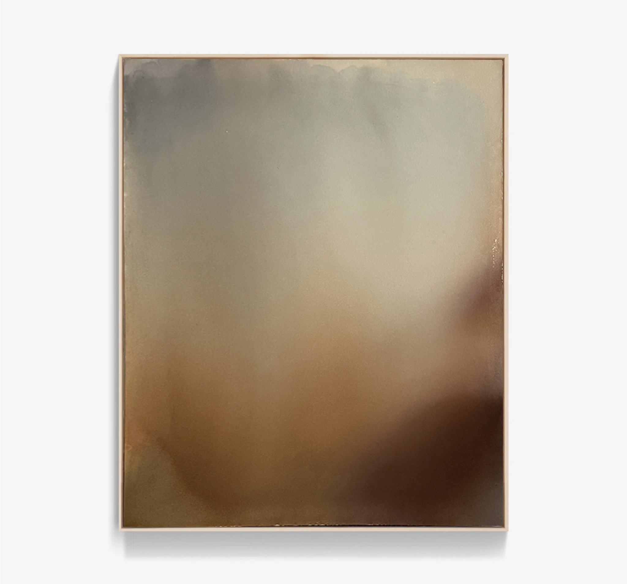 Minimal abstract painting in warm earth tones on raw canvas with fluid acrylic washes and organic texture.