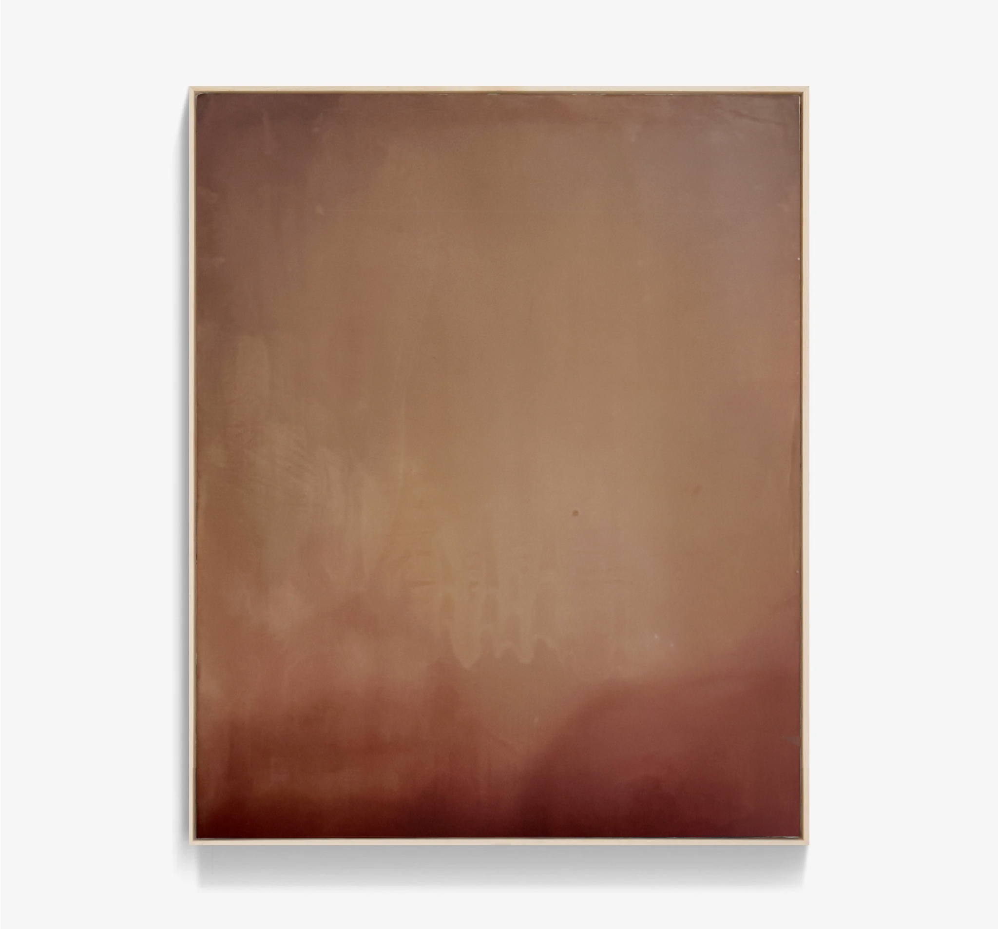 Minimal abstract painting in warm earth tones on raw canvas with fluid acrylic washes and organic texture.