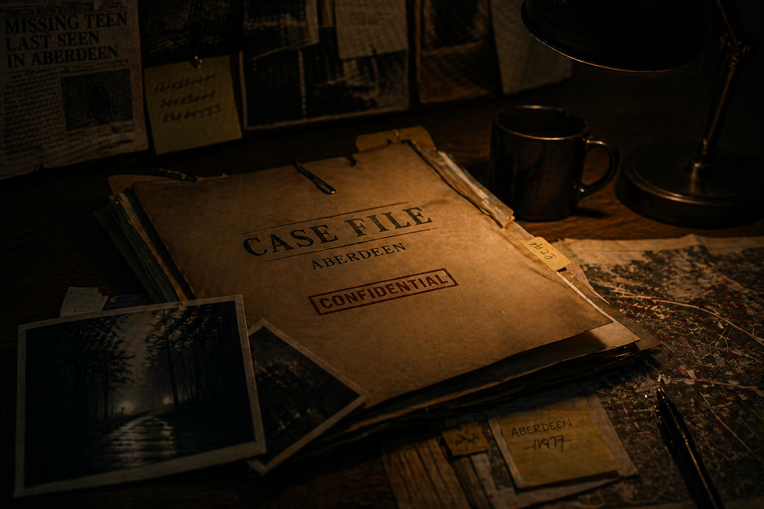 A dimly lit scene of a desk with a pile of papers labeled 'Case File Aberdeen' marked 'Confidential,' photographs, a black mug, a black pen, and a table lamp, with newspaper clippings and files in the background.