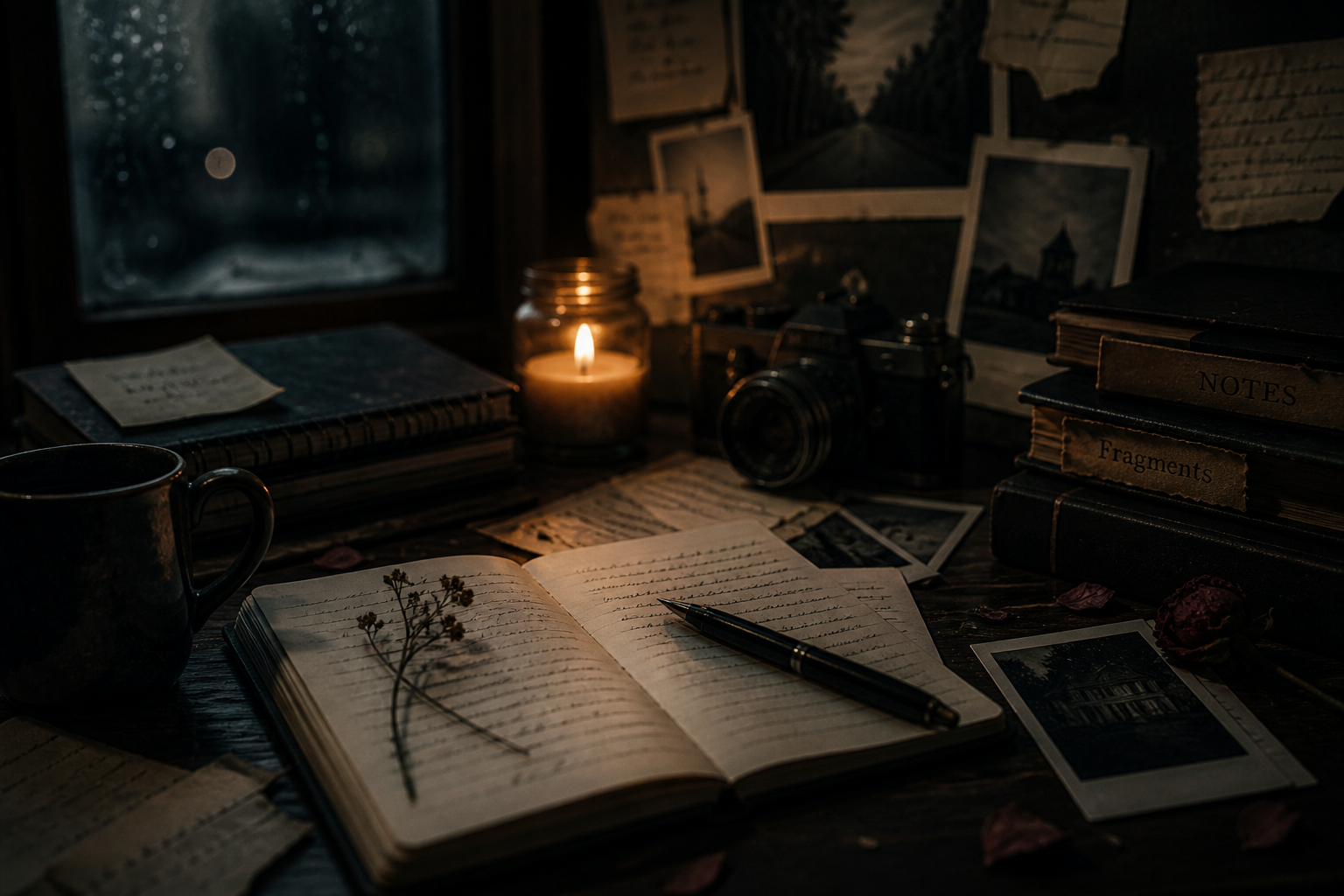A dimly lit workspace with an open notebook, a pen, a candle, photographs, books labeled 'Notes' and 'Fragments', a camera, and scattered dried flowers on a wooden surface near a window with raindrops.