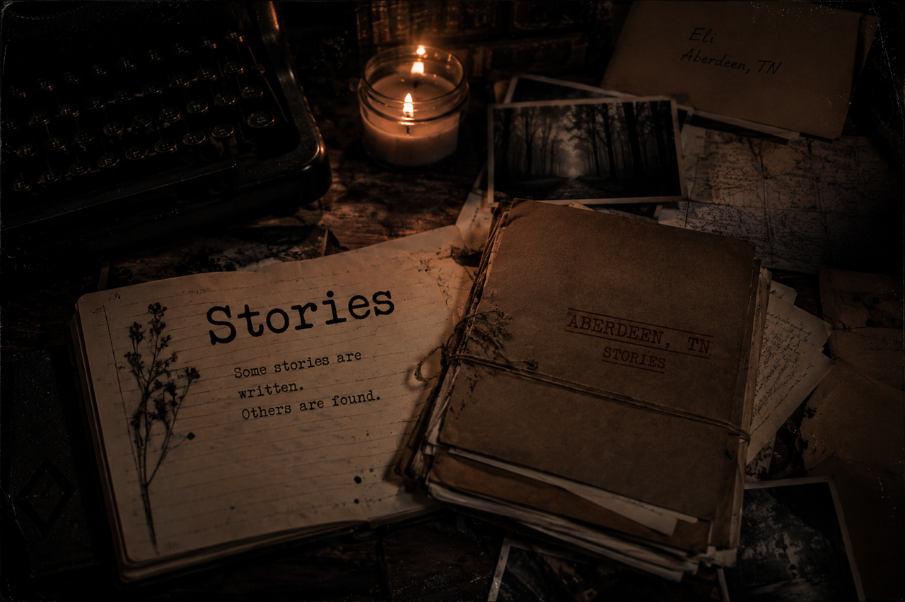 Open notebook with the word 'Stories' and the phrase 'Some stories are written. Others are found.' with pressed plant illustrations. Nearby are stacks of old notebooks labeled 'Aberdeen, TN Stories', photographs of a forest, and a lit candle on a rustic wooden table.
