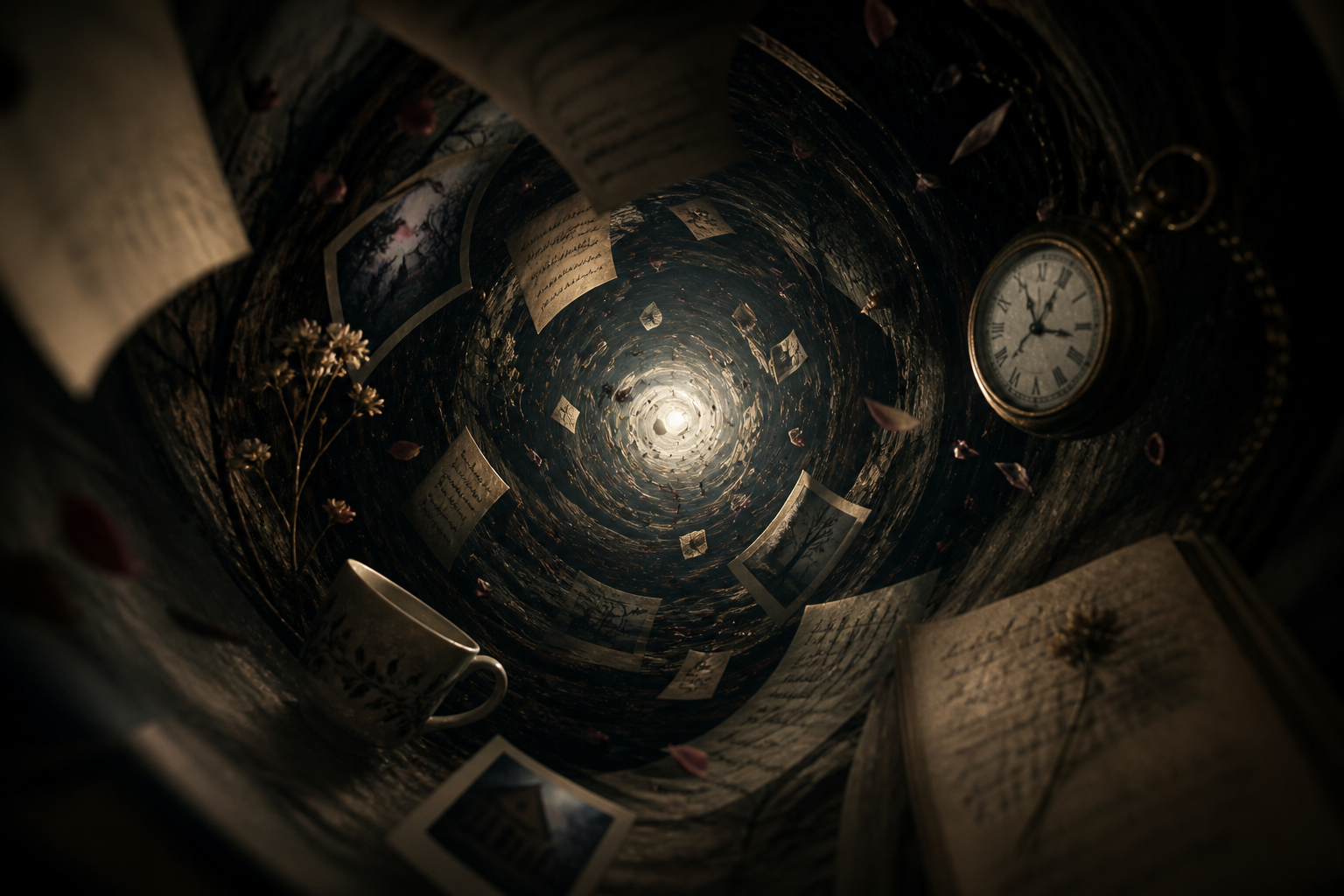 A spiral view looking up towards a bright light at the center, surrounded by floating photographs, handwritten notes, a pocket watch, a cup, and dried flowers.