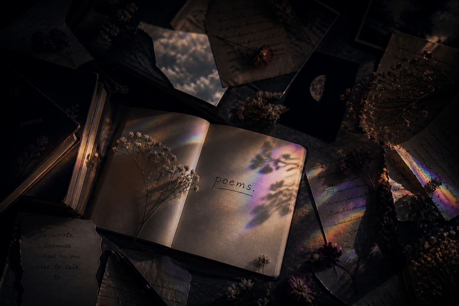 An open notebook with the title 'poems' illuminated by rainbow light and surrounded by dried flowers, handwritten notes, and other closed notebooks with similar themes, set against a dark background.
