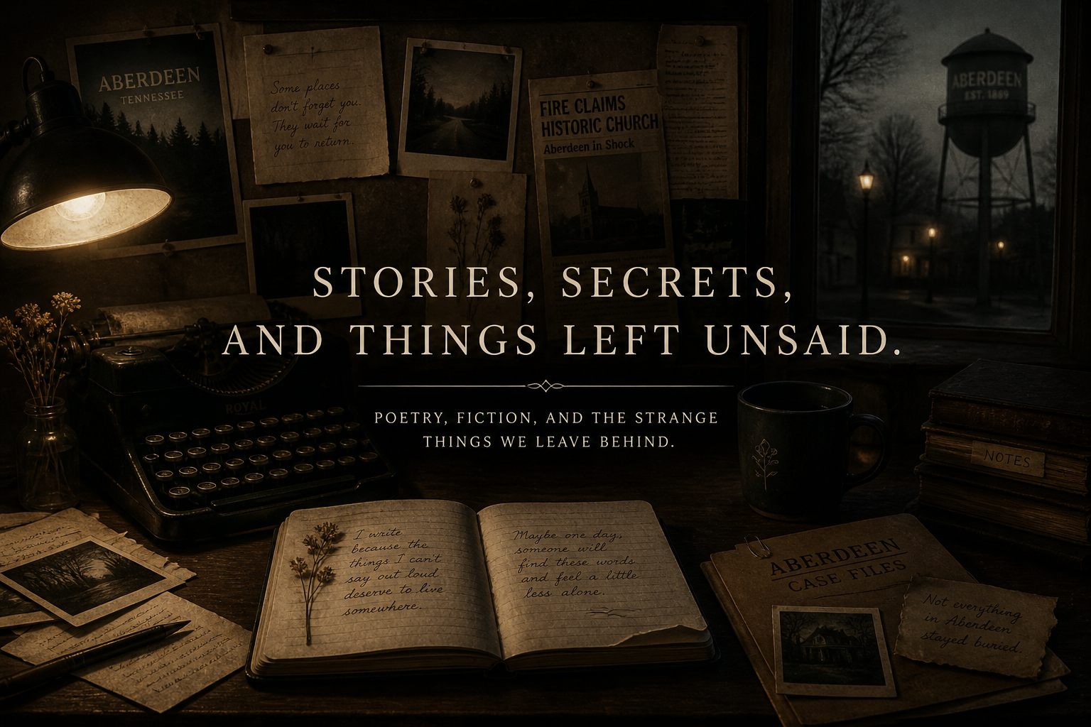 A dimly lit desk with photos, notes, and a vintage typewriter, alongside a window showing a dark outdoor scene with a water tower labeled 'Aberdeen Tennessee' in the background. The image contains white text overlay: 'Stories, secrets, and things left unsaid. Poetry, fiction, and the strange things we leave behind.'