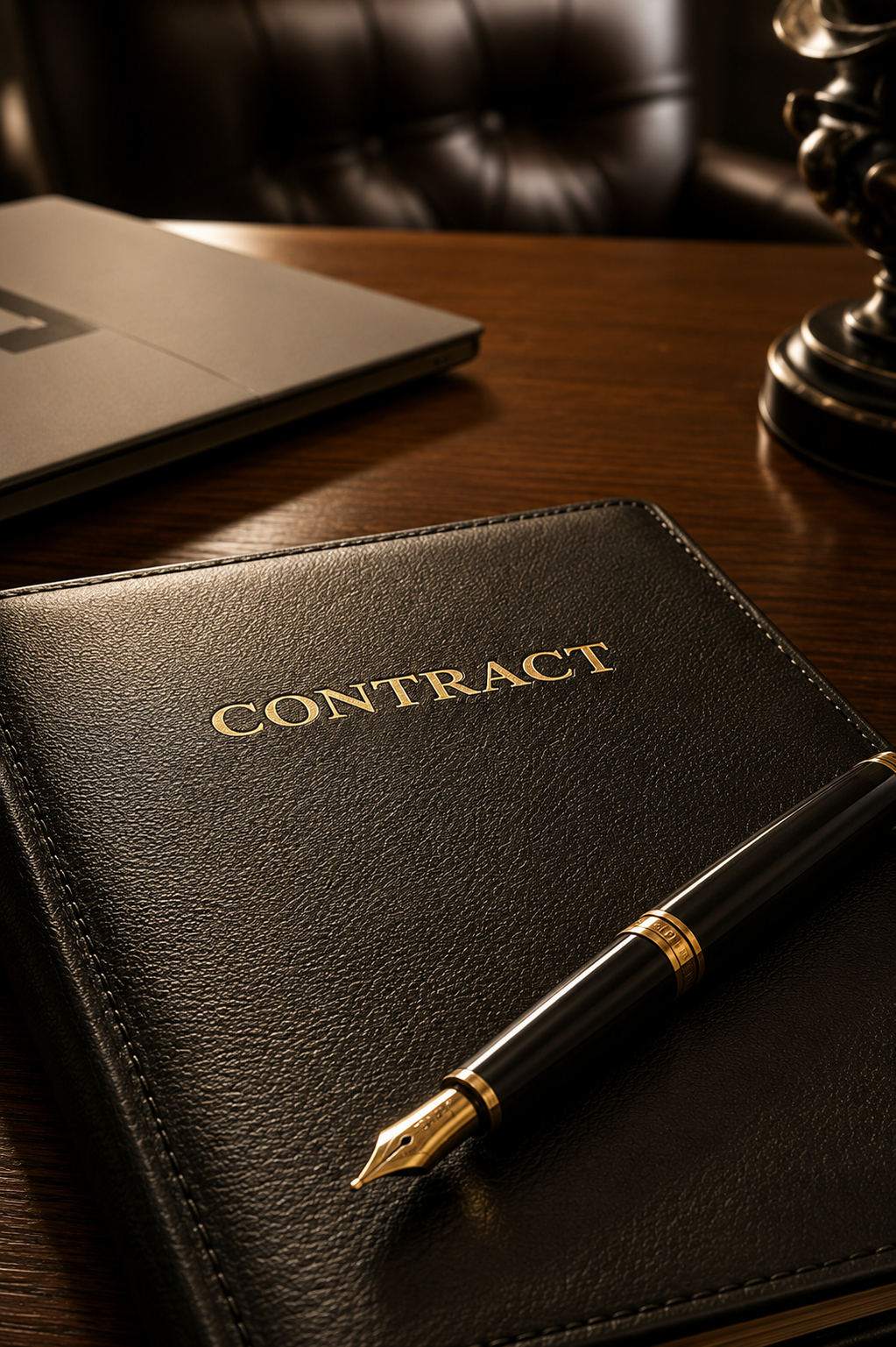 A black leather-bound notebook with the word 'CONTRACT' in gold letters on the cover, a black and gold fountain pen resting on it, a closed laptop, and a decorative lamp on a wooden desk.