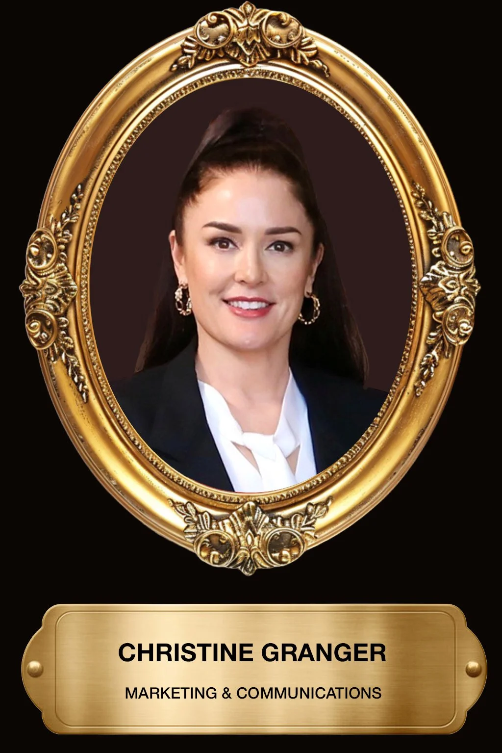 Portrait of Christine Granger in a decorative gold frame, wearing a black blazer and white blouse, with earrings, smiling, against a dark background. Below her name, it says Marketing & Communications.