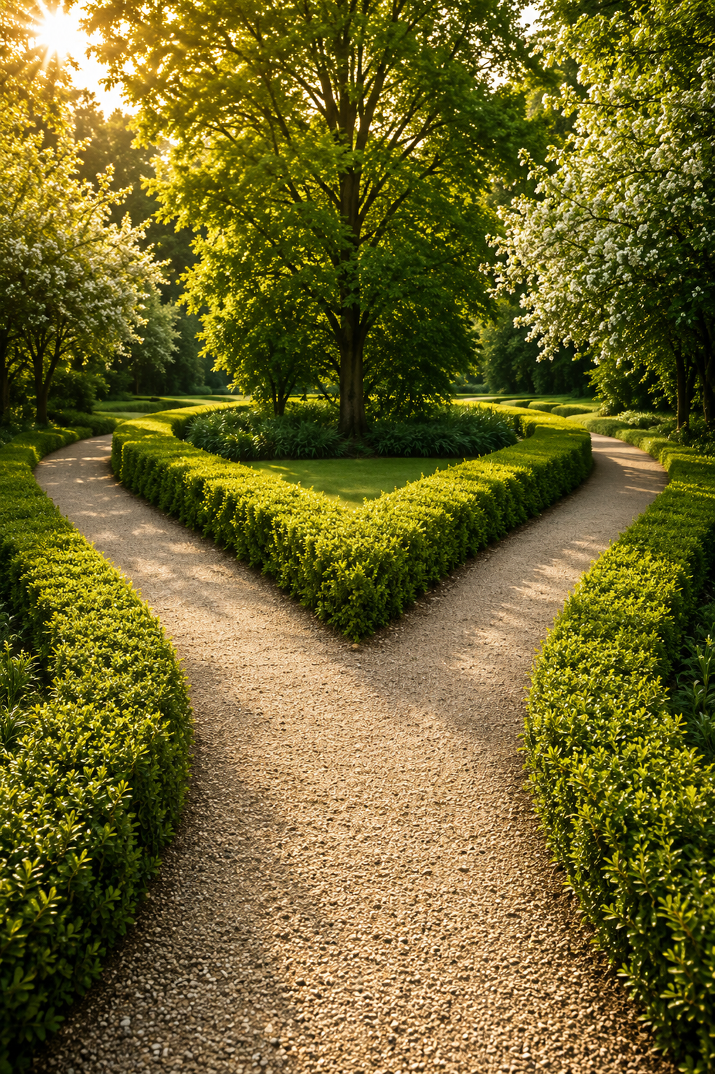 A symmetrical garden with a central tree, surrounded by neatly trimmed bushes and winding gravel paths on either side, bathed in warm sunlight.
