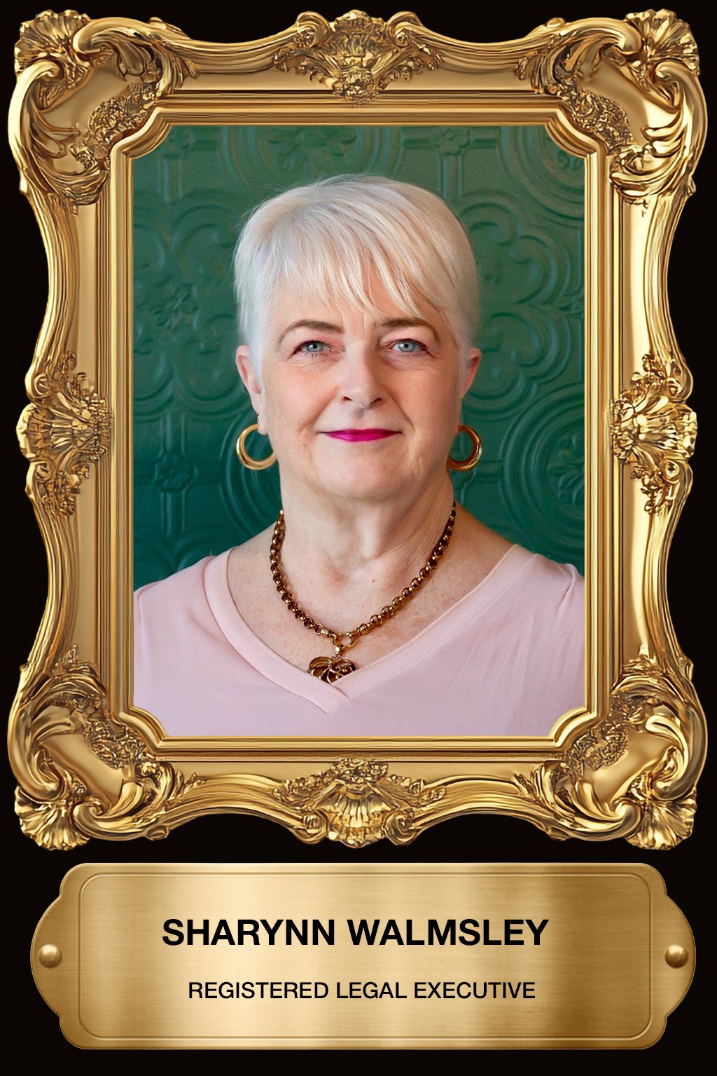 A professionally framed portrait of Sharynn Walsmley, a registered legal executive, with a green textured background, blonde short hairstyle, gold jewelry, and a pink top.
