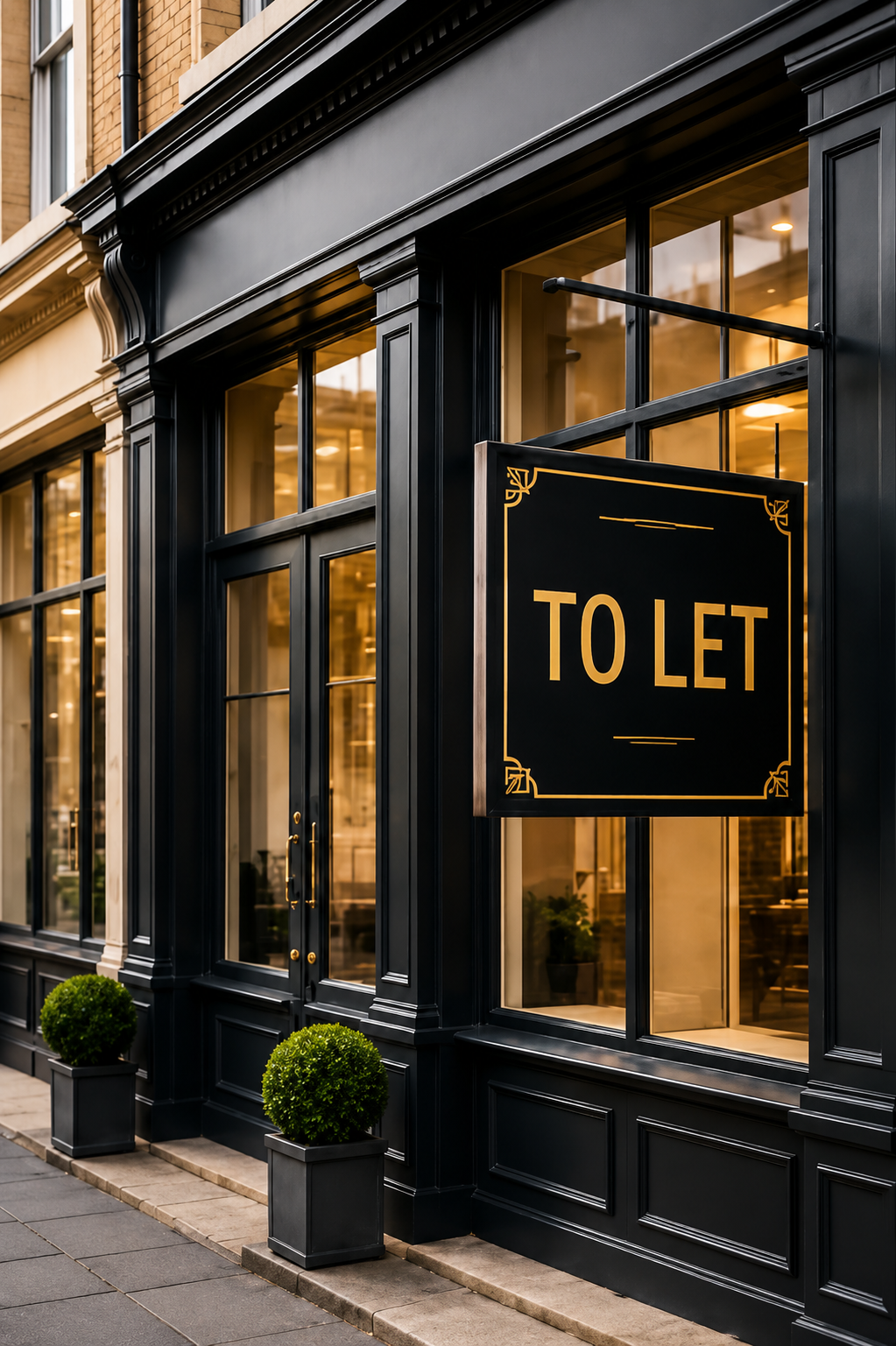 Black storefront with large windows and a sign that reads 'TO LET' in gold letters.
