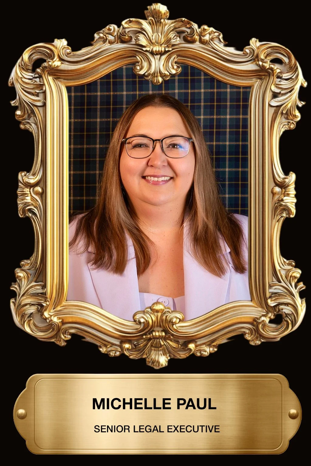 Portrait of Michelle Paul, a senior legal executive, smiling and wearing glasses, framed in an ornate gold frame with a plaque beneath that reads 'Michelle Paul, Senior Legal Executive'.