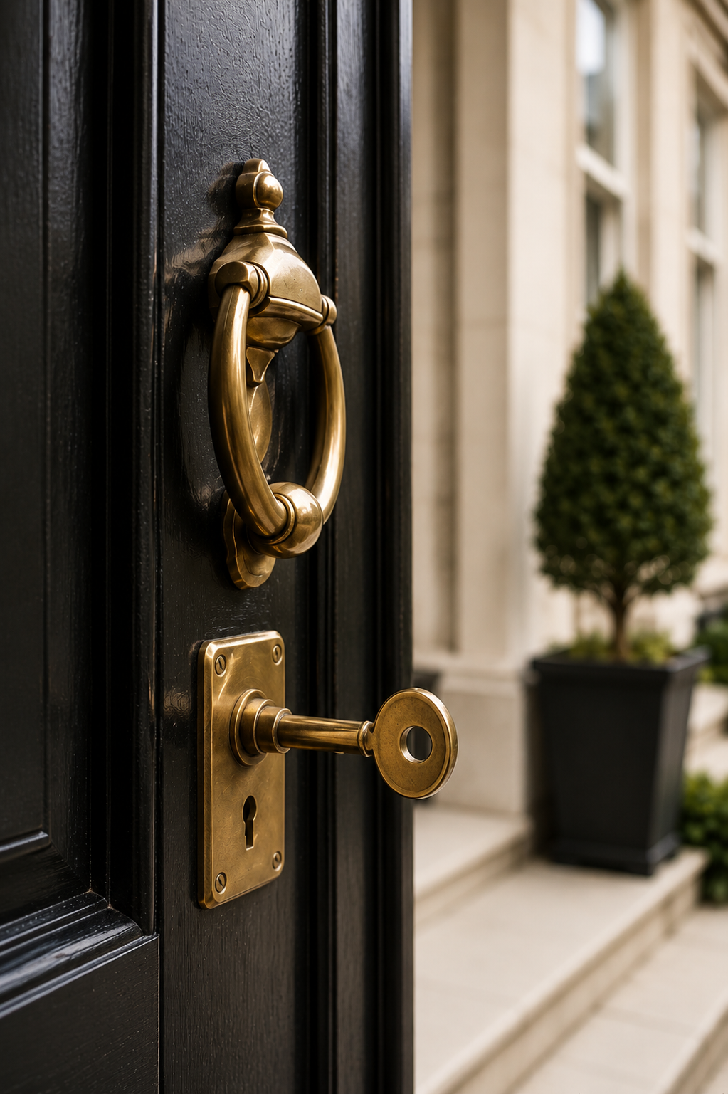 Close-up of a black front door with a gold door knocker and a key in the lock, with a potted plant and building exterior in the background.