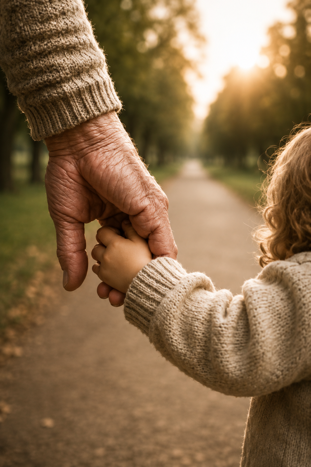 A child holding an elderly person's hand while walking down a path in a park during sunset.