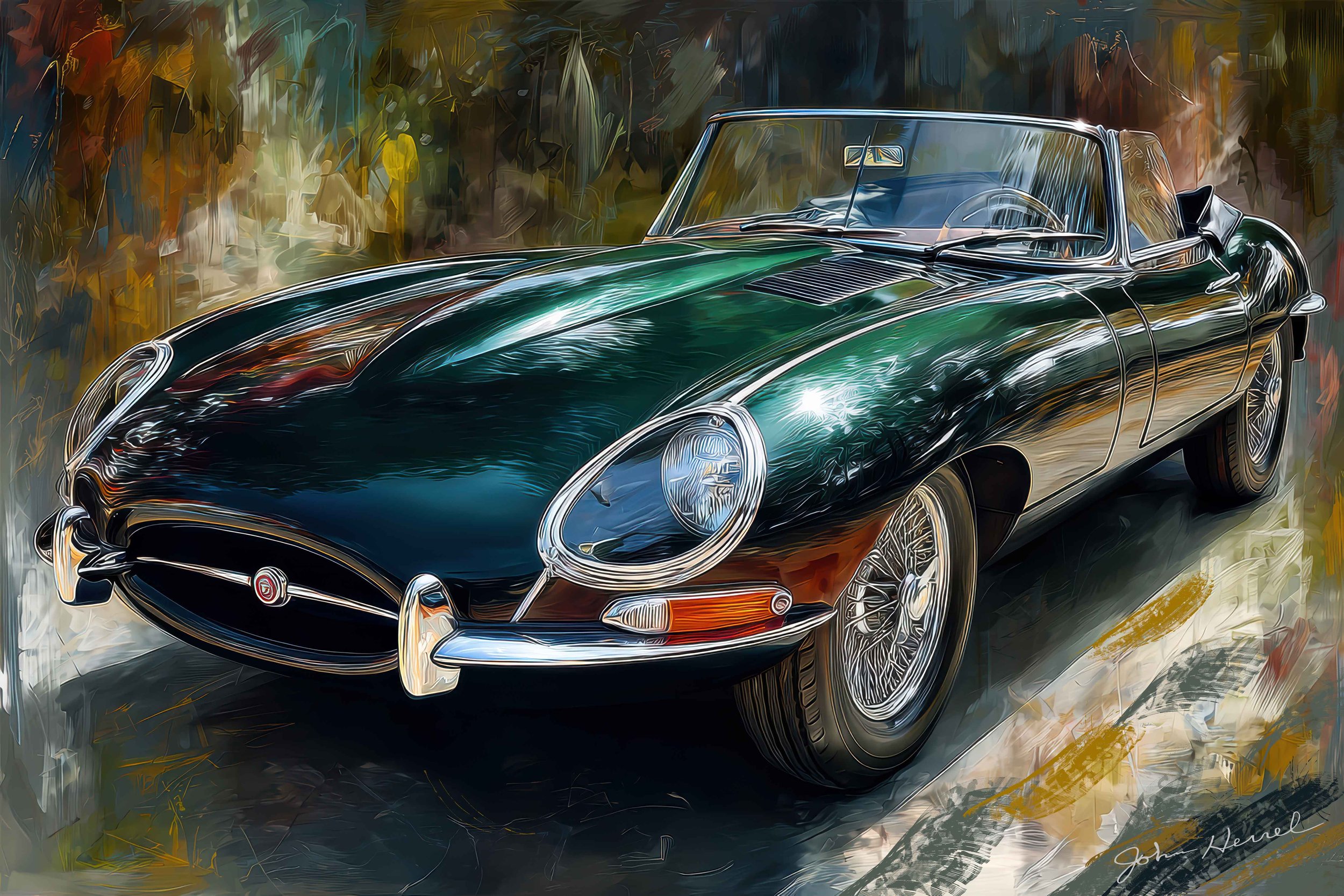 Artistic Velocity Impressions rendering of a classic Jaguar E-Type with expressive brushwork and vibrant colors, capturing motion and elegance