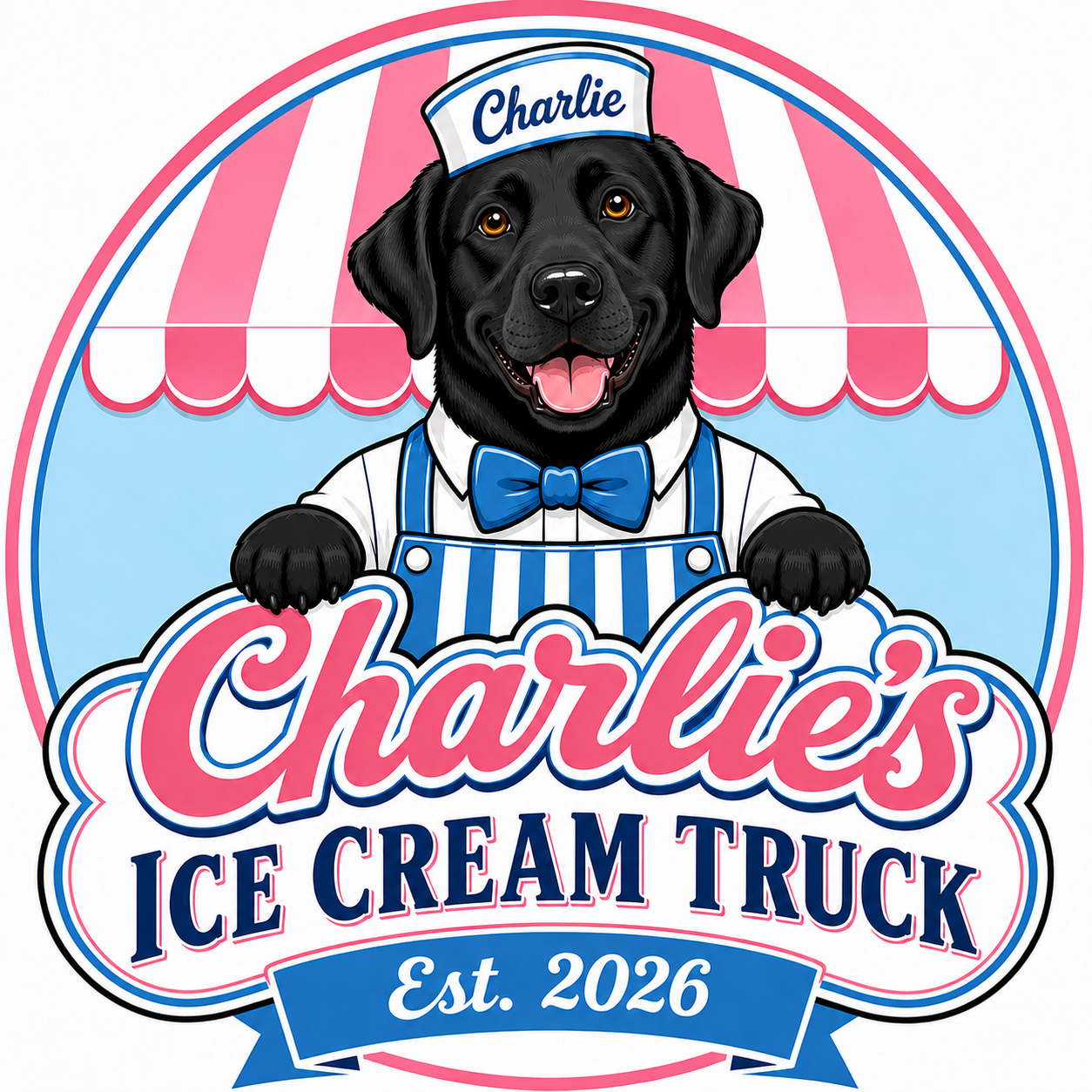 A cartoon black dog wearing a blue bow tie and striped apron, with a sign on its head that says 'Charlie', in front of a pink and white striped awning. The sign reads 'Charlie's Ice Cream Truck Est. 2026'.