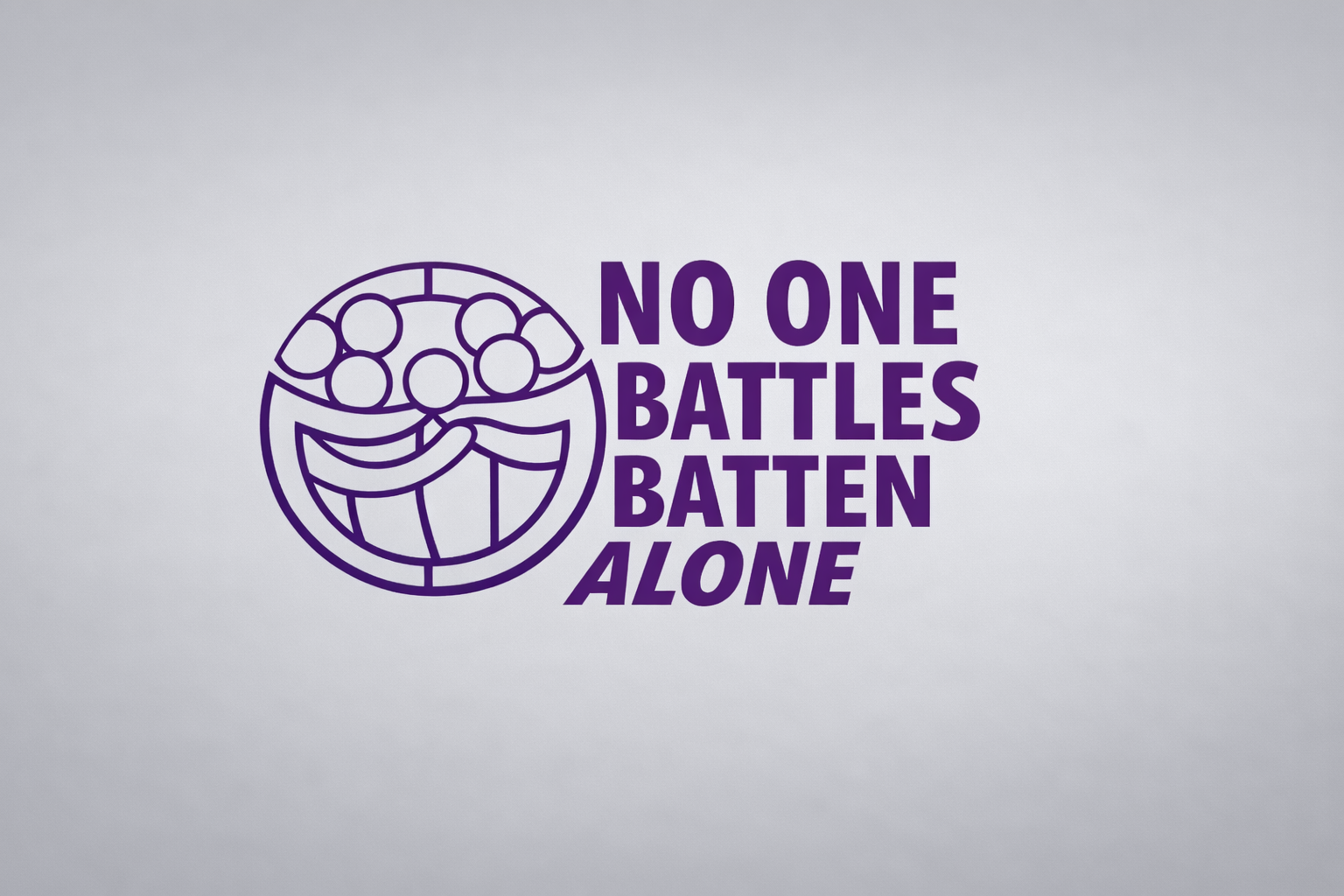 A purple logo featuring a globe made of interconnected lines and circles, with bold purple text to the right that reads "No One Battles Baten Alone."