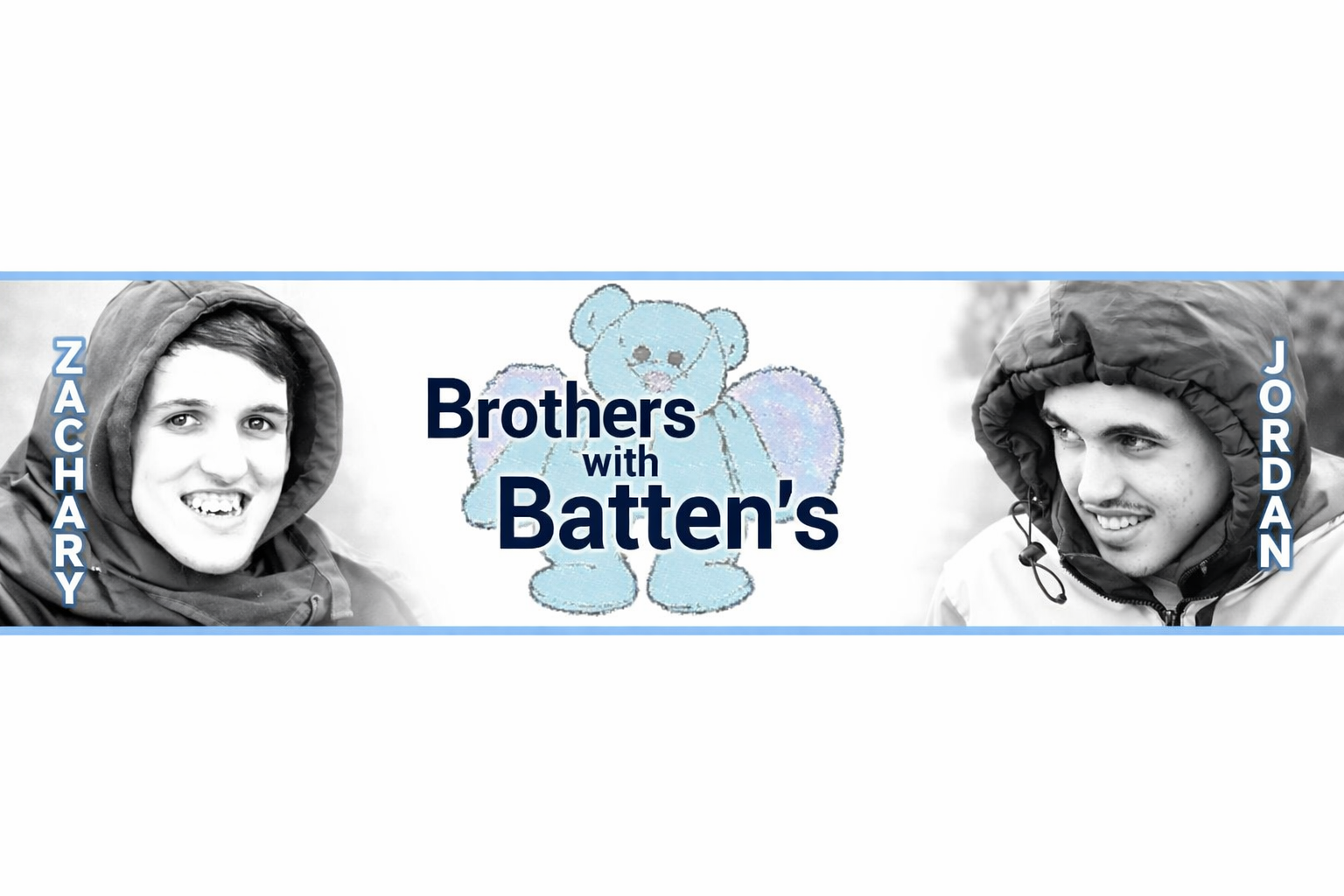 Banner featuring in black and white photos of two boys wearing hoods, Zachary on the left and Jordan on the right. Centered is a pastel-colored teddy bear illustration with the text "Brothers with Batten's" in bold blue and black font.