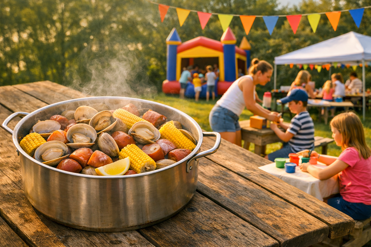 A pot of steaming seafood boil with clams, corn, potatoes, and lemon wedges on a picnic table at an outdoor party.