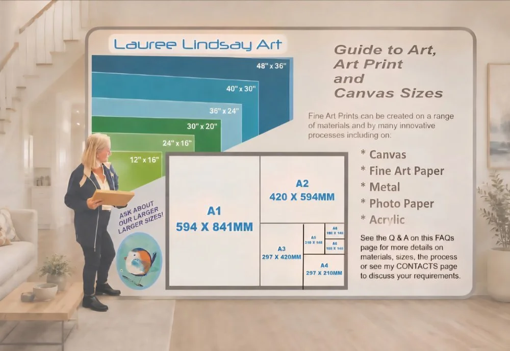 Artist Lauree Lindsay showing the various Printed Artwork sizes commercially available. You can message Lauree Lindsay on her CONTACTS PAGE or at Laureelindsayart@yahoo.com