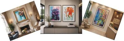 An AI generated example showing how Art Prints of Lauree Lindsay Artworks could enhance your home or office wall space and interior decor.