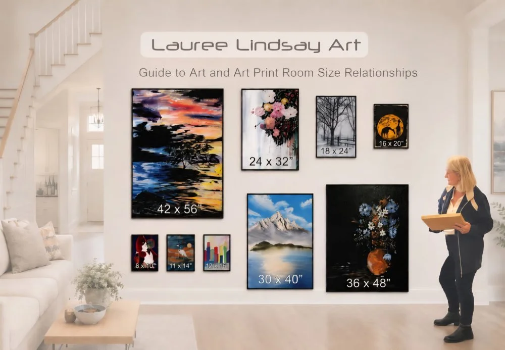 A handy and very useful way to visualise the best painting size for your space. Artist Lauree Lindsay graphically shows how various size artworks work proportionally on a wall in your house. A guide to what size art best fits your space.