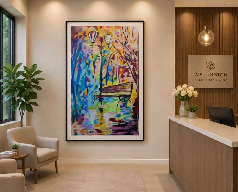 Colorful abstract AI Artprint rendition of an original Acrylic Painting by Lauree Lindsay. By Chat GPT and for Illiustrative purposes only.  Here seen hanging in an AI generated medical office lobby.