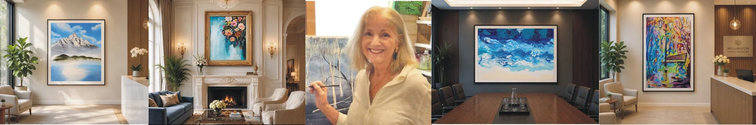A collage of five images showing interior art spaces and a woman painting in a studio. The first image features a bright room with white walls, two paintings of mountain scenery and a lake, and armchairs with small tables and plants. The second image shows a cozy living room with a fireplace, a floral painting above it, and armchairs. The third image depicts a smiling woman with blonde hair painting outdoors with trees in the background. The fourth image displays a conference room with dark walls, a large framed painting of waves, and a wooden table with chairs. The fifth image shows a reception area with a large colorful abstract painting, a reception desk, and seating.