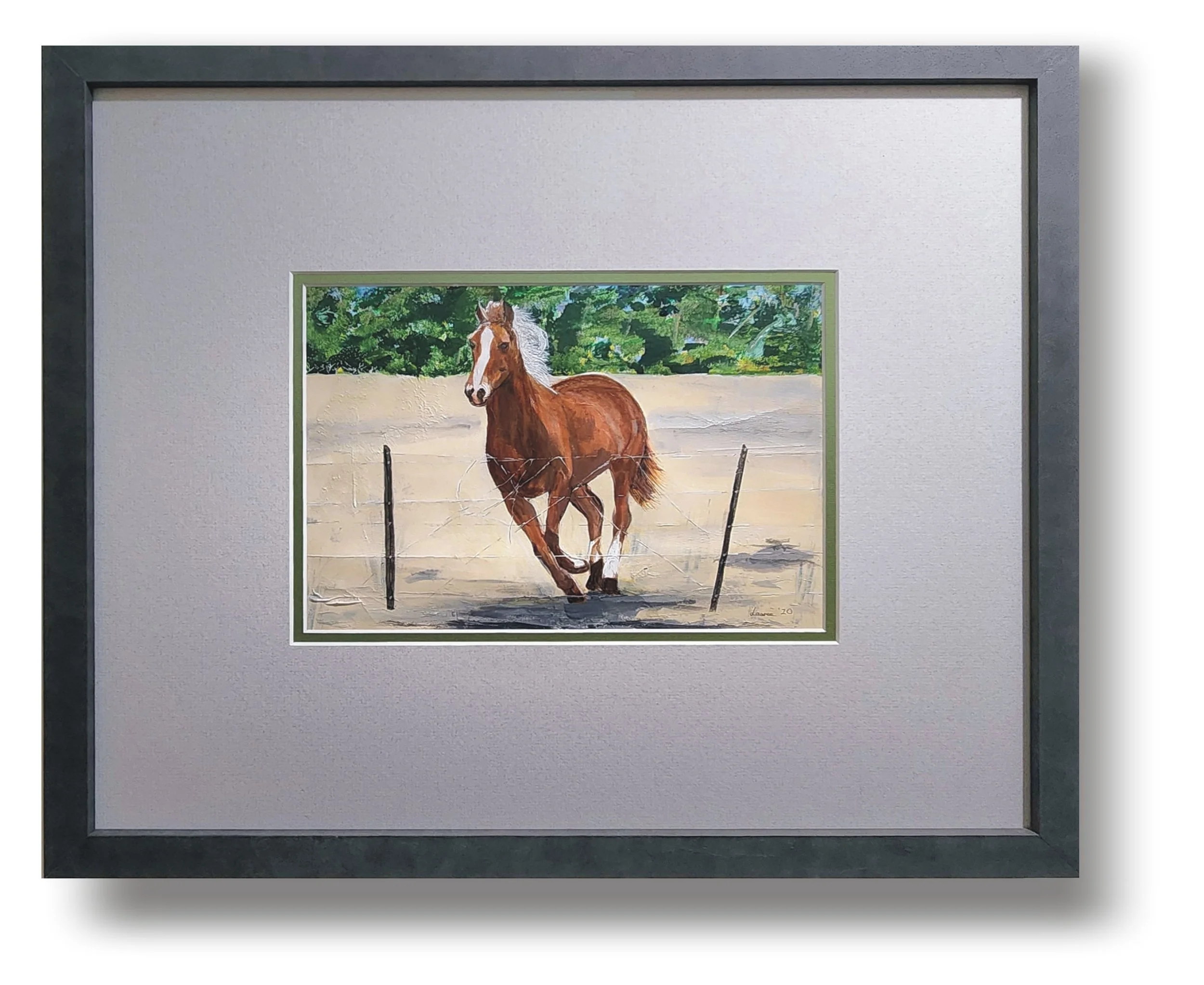 Original Painting by Western Australian Artist Lauree Lindsay.   Flash Harry galloping by barbed wire fence with green trees and foliage in the background.