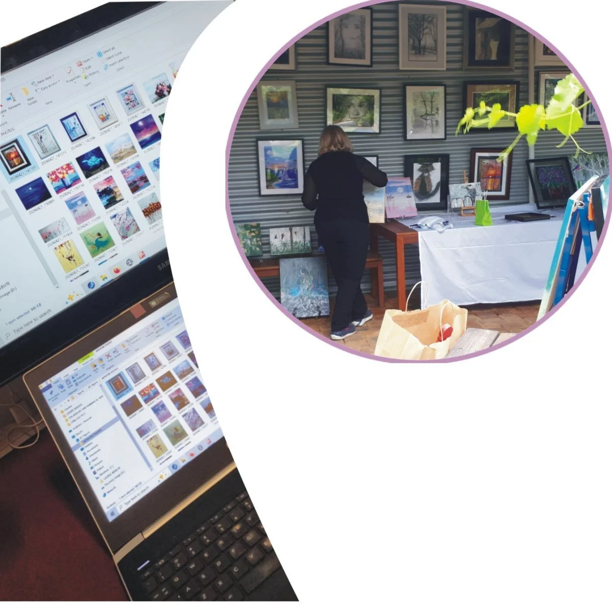 Lauree Lindsay Art catalogue on two laptops displaying a collection of digital art and photographs, and Lauree arranging artwork at an art exhibit with framed paintings on the wall.