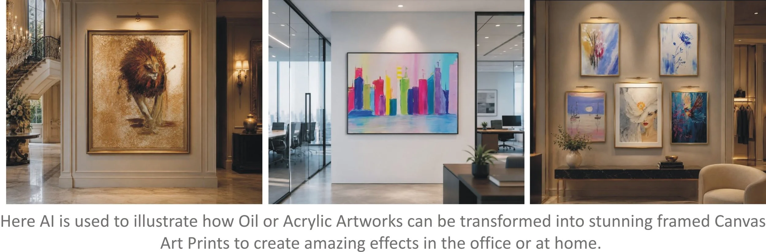 Images of various art styles by Lauree Lindsay displayed in an interior space, including a lion in a classic frame, a colorful cityscape, and abstract floral art, showcasing the transformation of oil or acrylic artworks into framed canvas art prints.