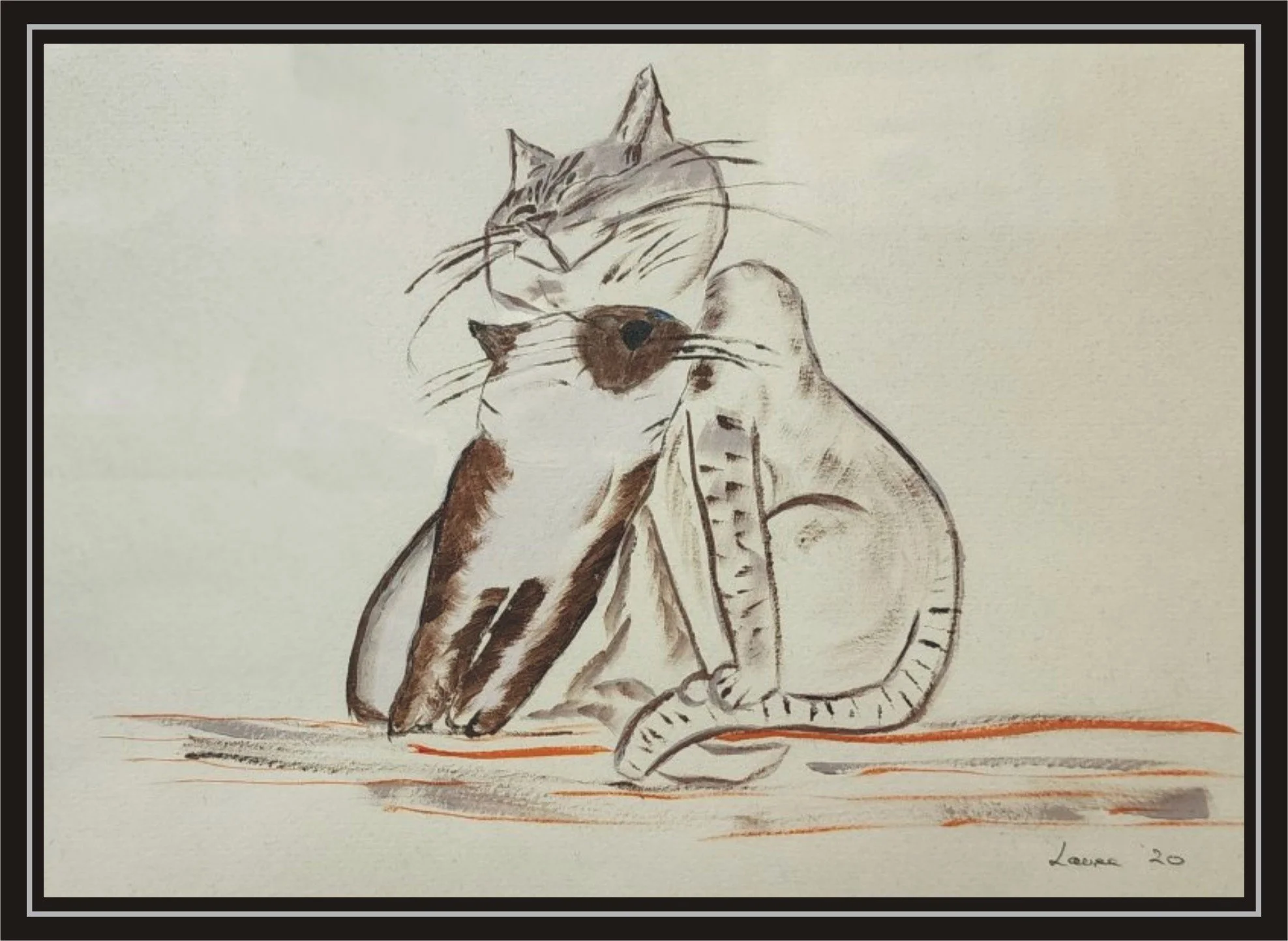 A hand-drawn sketch of two Siamese cats by Artist Lauree Lindsay, one with a white and brown coat and the other with a gray coat, hugging.  The drawing is signed "Laura 20" in the bottom right corner.